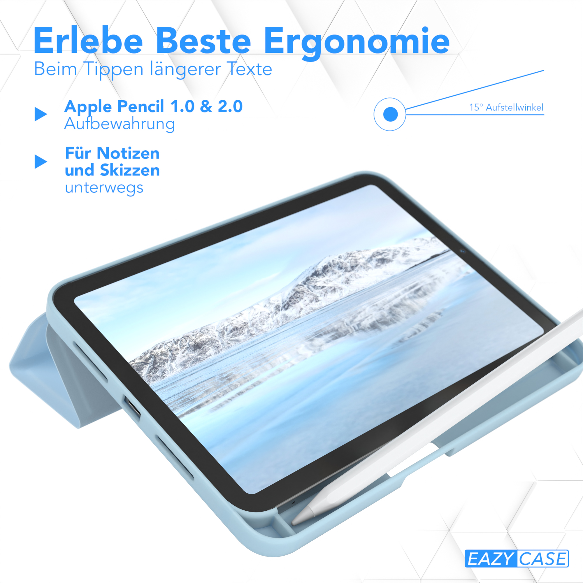 Blaue Tablethülle mit Tablet und Stift. Text auf Deutsch: 'Erlebe Beste Ergonomie'.