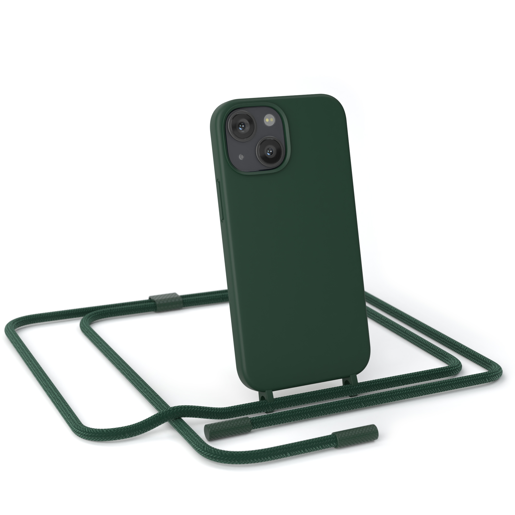Grünes Telefon in einem grünen Gehäuse mit grünem Kabel. Weißer Hintergrund.