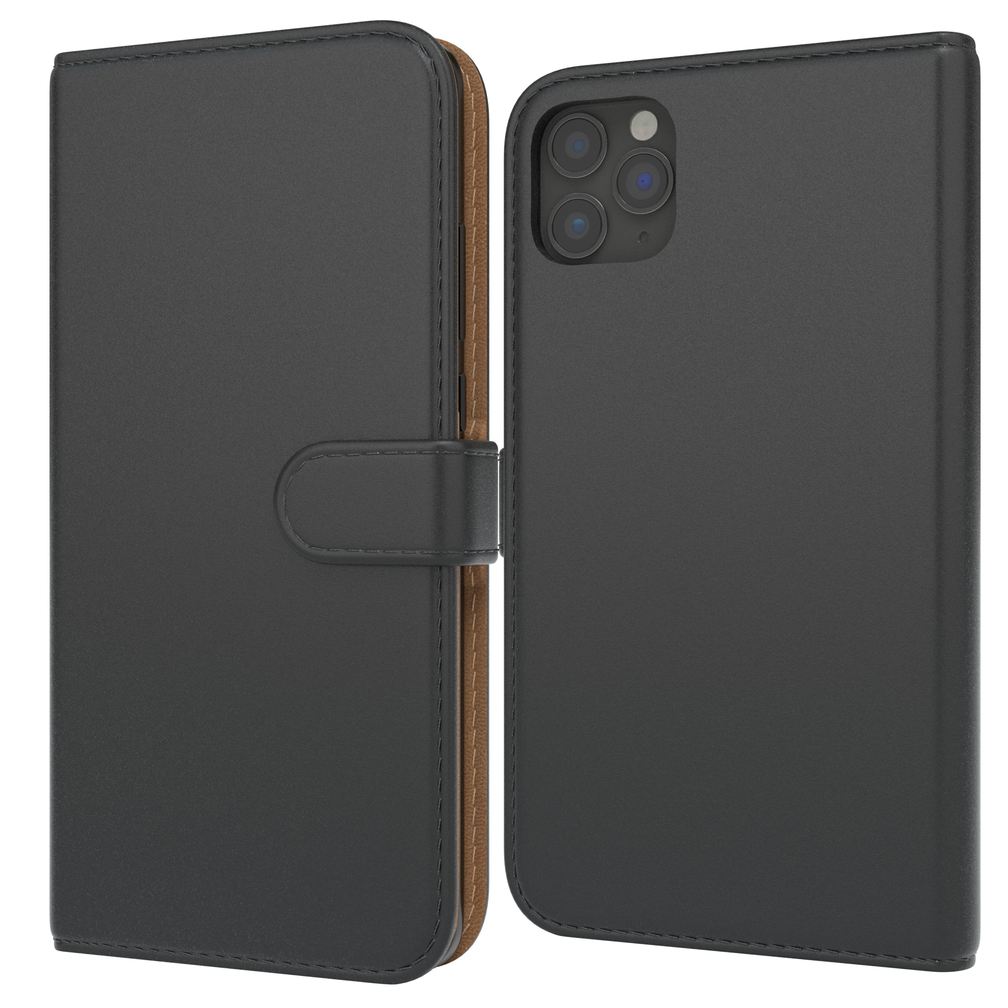 Eine schwarze Leder-Handyhülle ist geöffnet, mit einem Telefon darin.