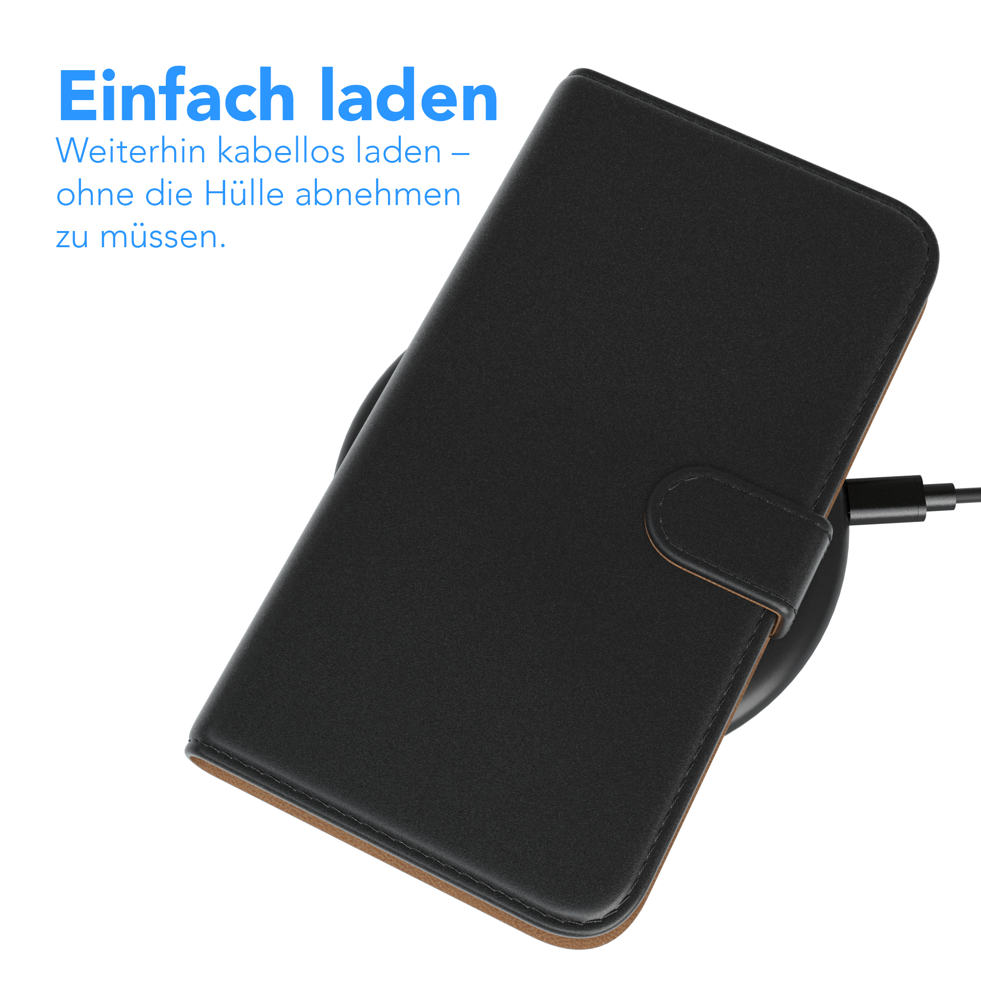 Schwarze Handyhülle auf kabellosem Ladegerät, Text: Einfach laden. Weiterhin kabellos laden...