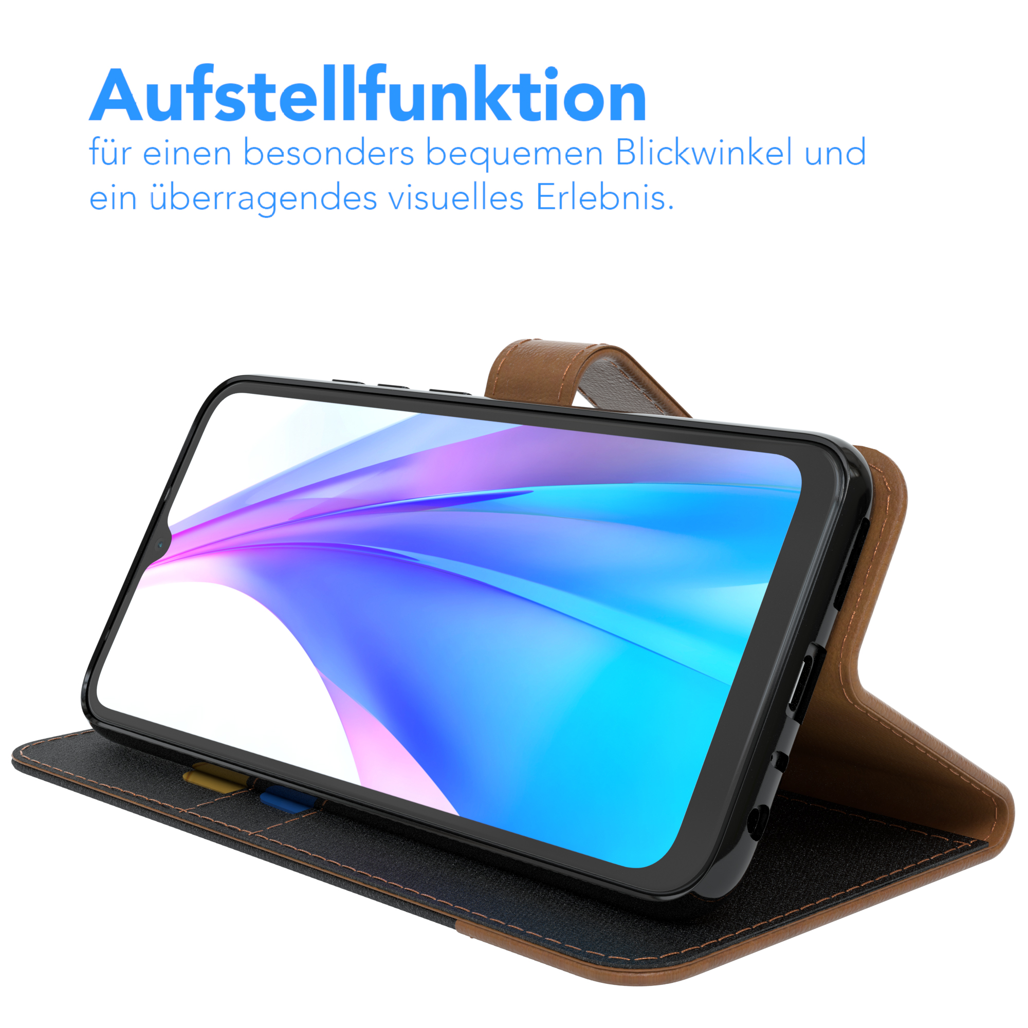 Ein Telefon in einer Hülle ist aufgestellt. Die Hülle ist braun und das Telefon zeigt einen bunten Bildschirm.