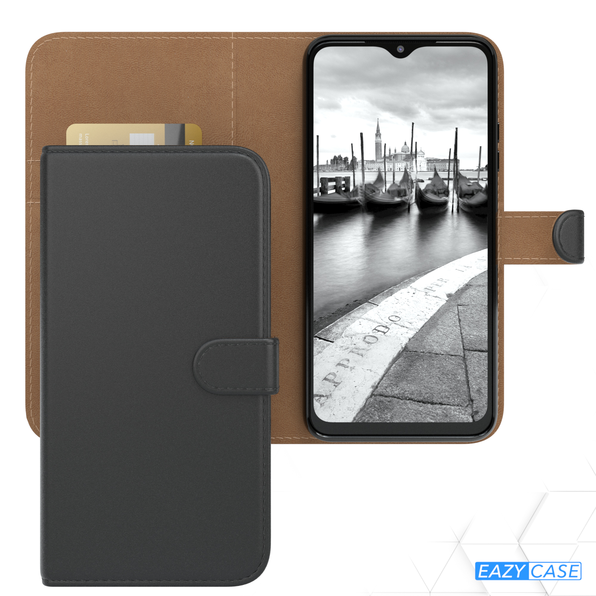 Schwarze Handyhülle, braune Innenseite, mit einem Telefon, das eine Venedig-Szene zeigt. Eine Karte ist sichtbar.