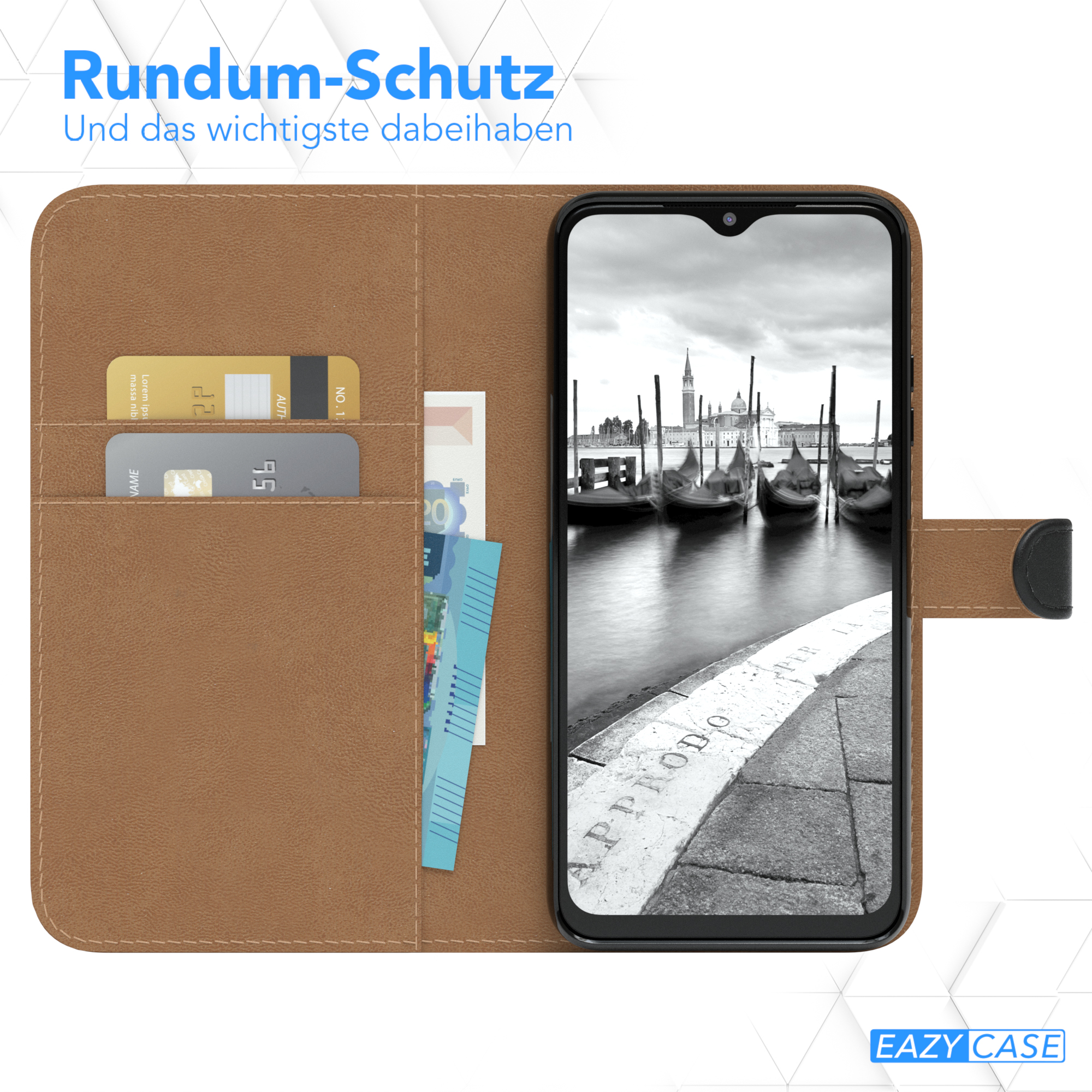 Telefon in einer braunen Hülle, das ein Venedig-Bild zeigt. Text: Schutz und das Wichtigste dabei haben.