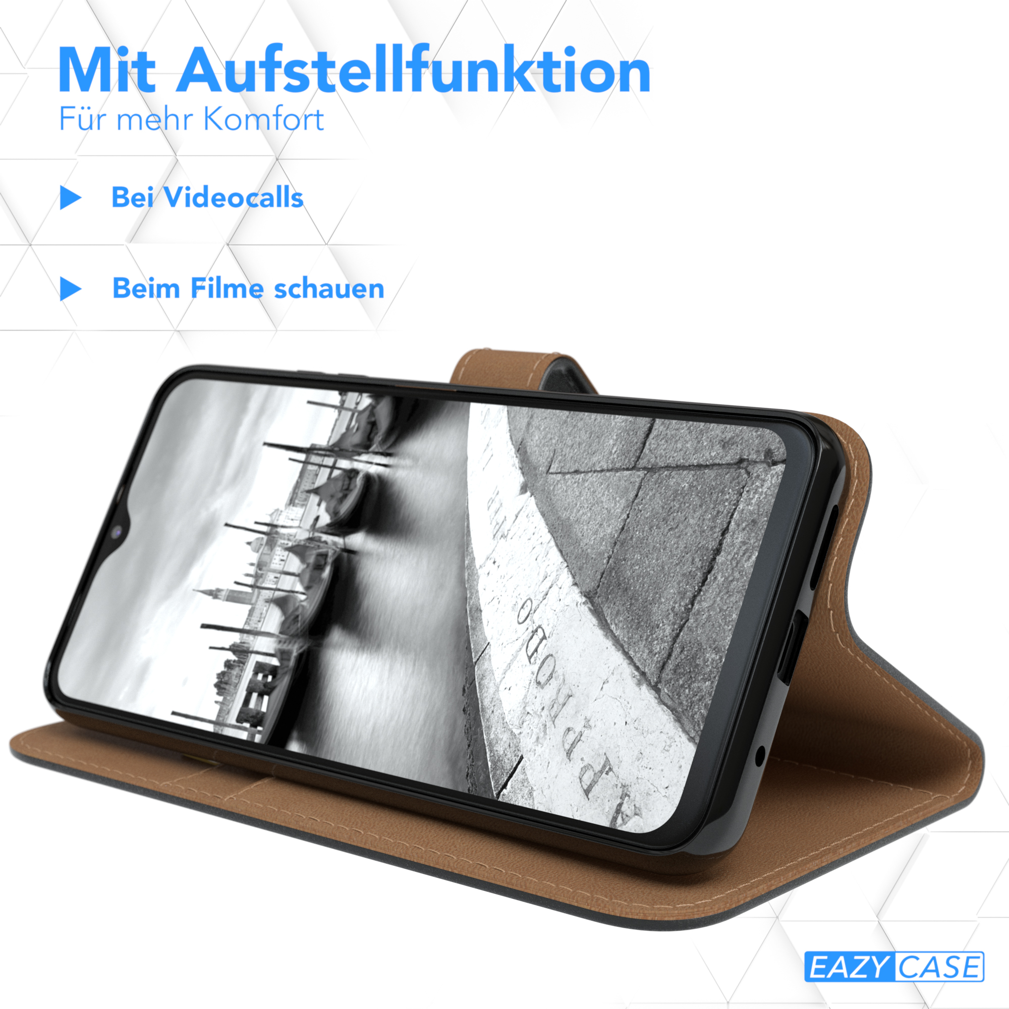 Telefon in einer braunen Hülle, offen, mit einem Bildschirm, der ein Bild zeigt. Text oben.