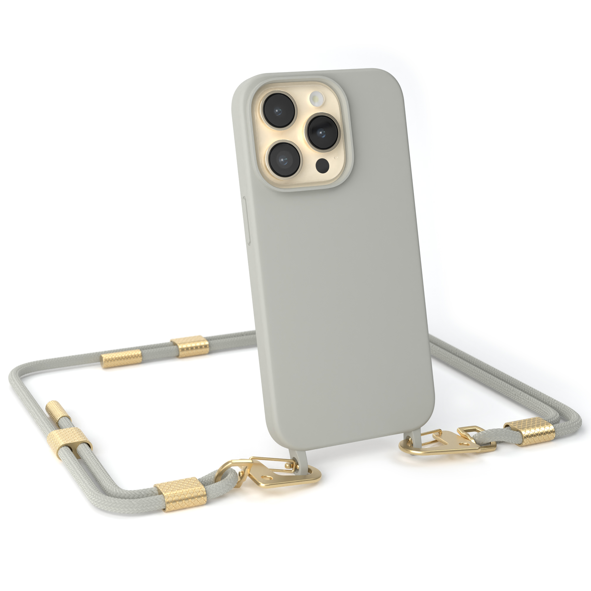 EAZY CASE Runde Handykette Beige Apple, iPhone mit Umhängetasche, Taupe Pro, Karabiner, Grau / 14