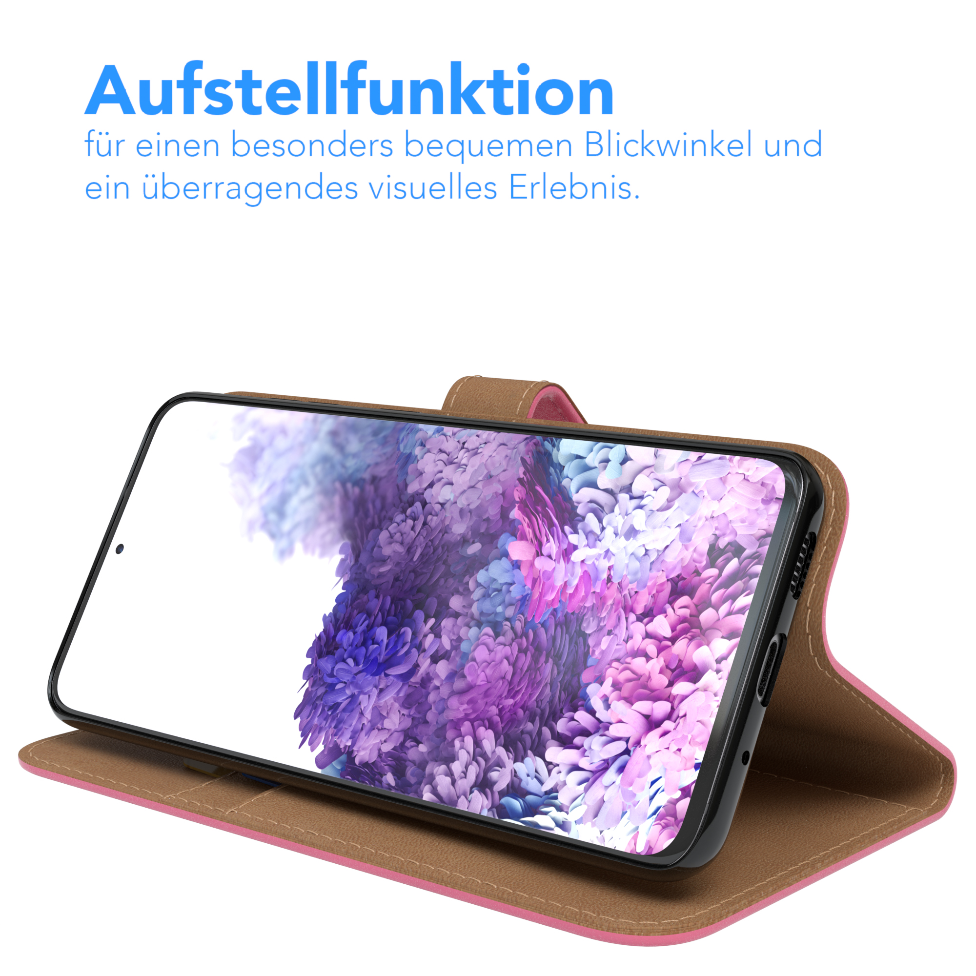 Geöffnetes Telefon in einem Gehäuse. Text sagt 'Aufstellfunktion' für einen besseren Blickwinkel.