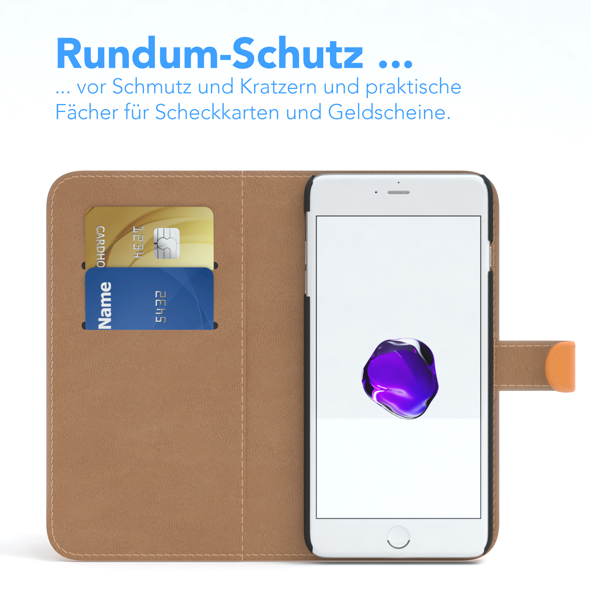 Handyhülle mit Karten. Telefon zeigt ein lila und blaues Bild. Braunes Gehäuse.