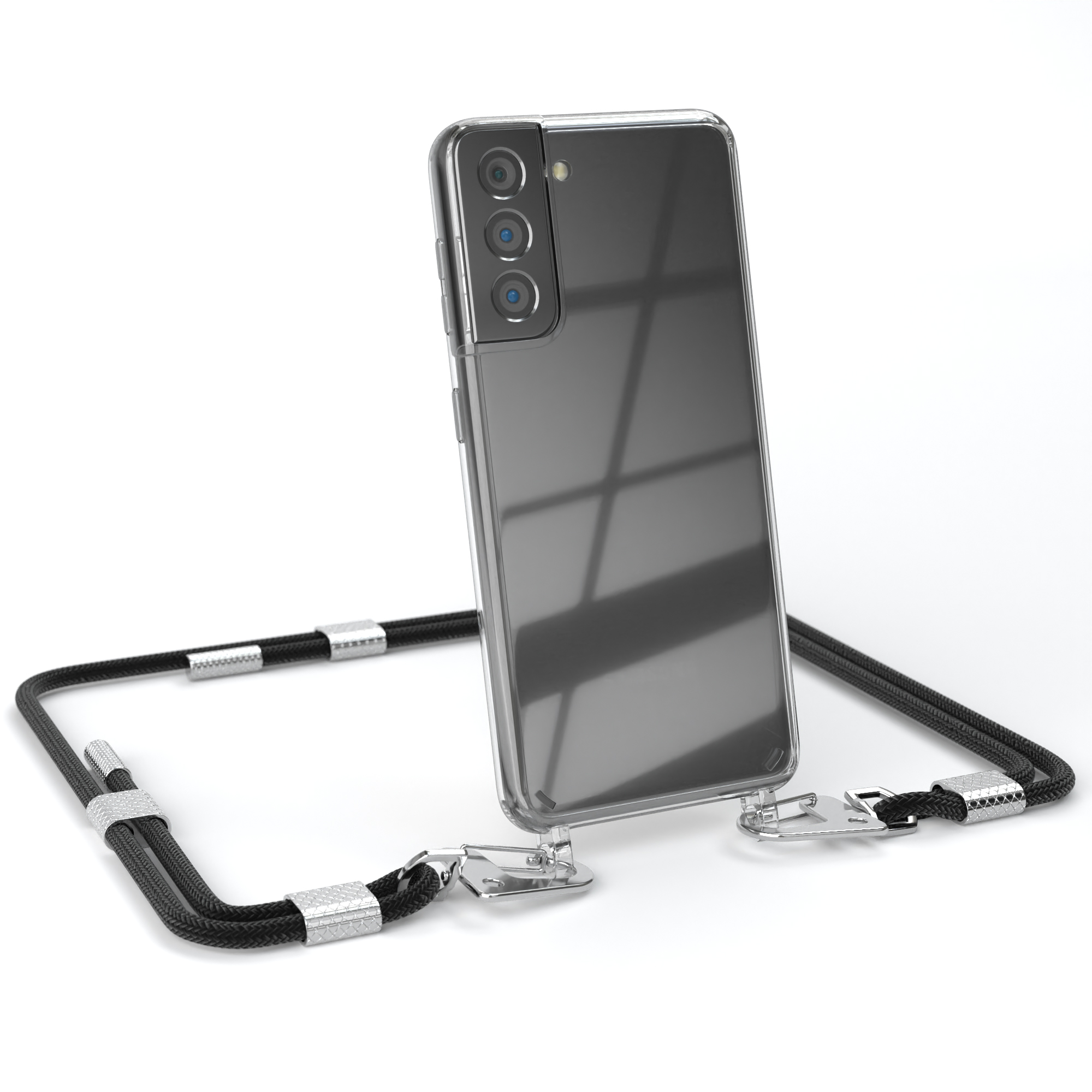 EAZY CASE Transparente Handyhülle mit Kordel Karabiner, S21 / Galaxy Silber Schwarz Samsung, runder + 5G, Umhängetasche