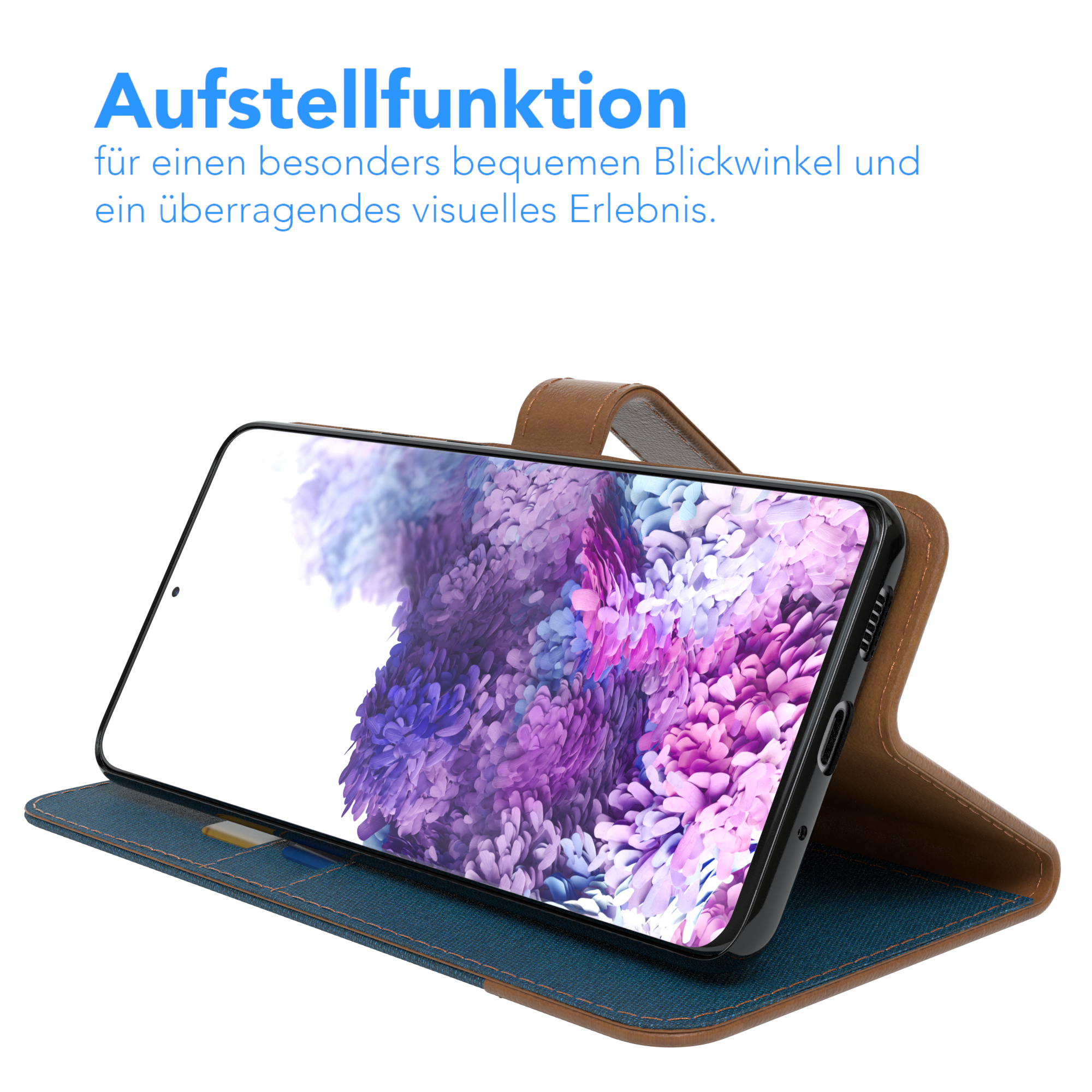 Handyhülle mit Telefon, aufgestellt. Text: Aufstellfunktion, für besseren Blickwinkel.