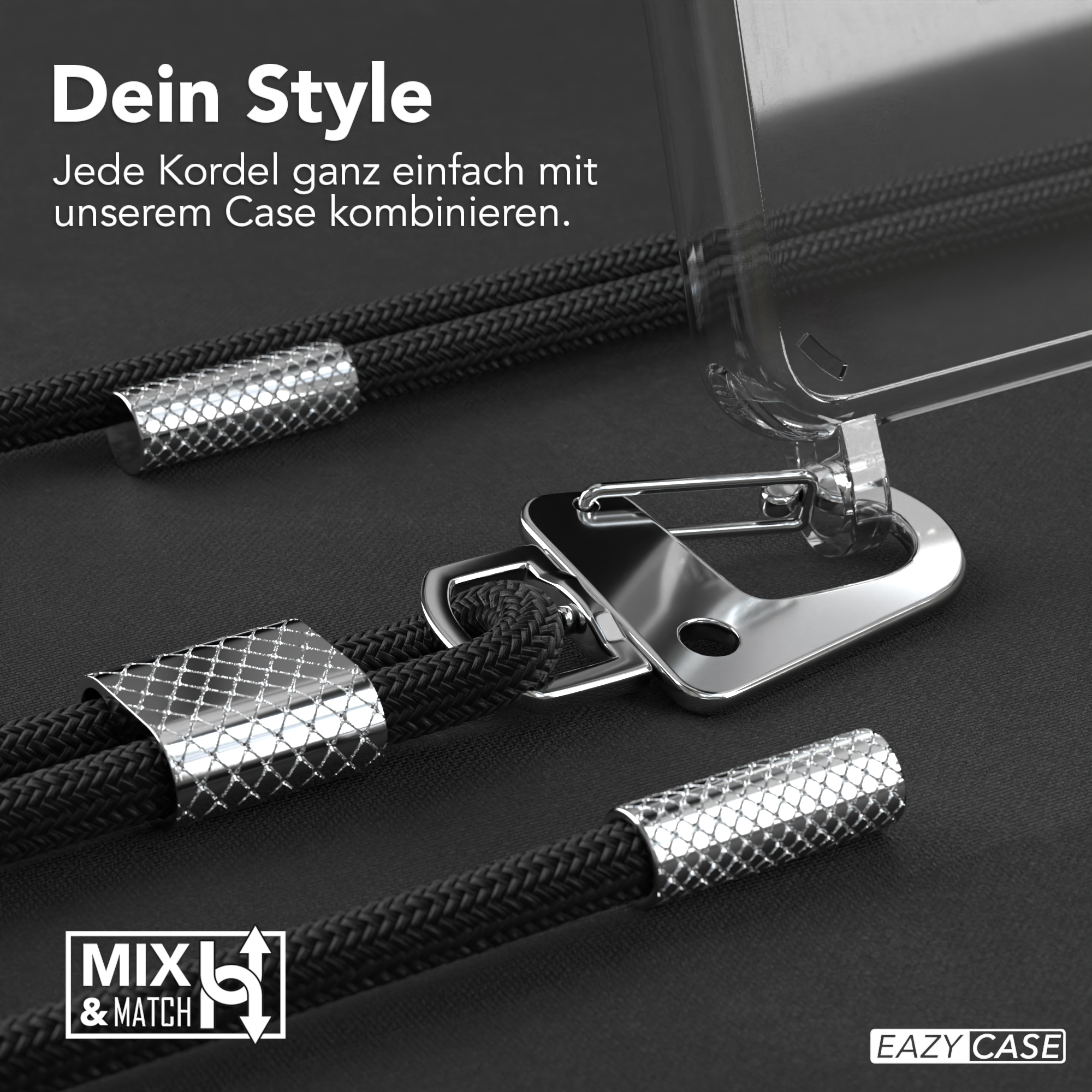 Nahaufnahme von Handybändern und einem Metallverschluss. Die Hülle ist durchsichtig. Der Hintergrund ist dunkel.