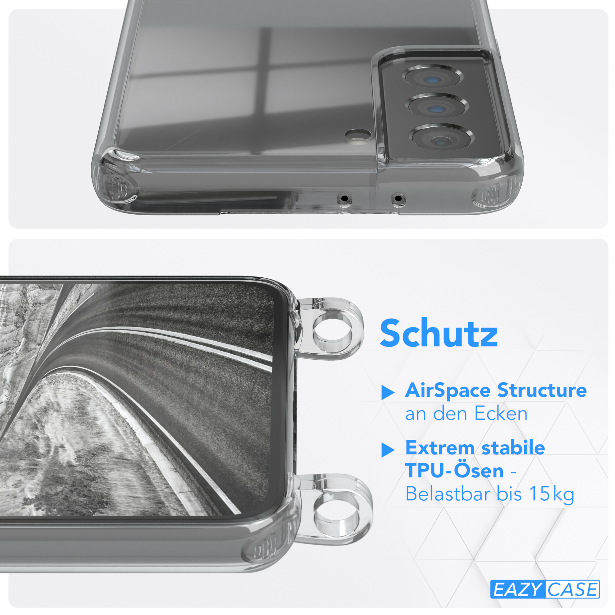 Transparente Handyhülle mit Text 'Schutz' und 'AirSpace Structure'. Details der Hülle.