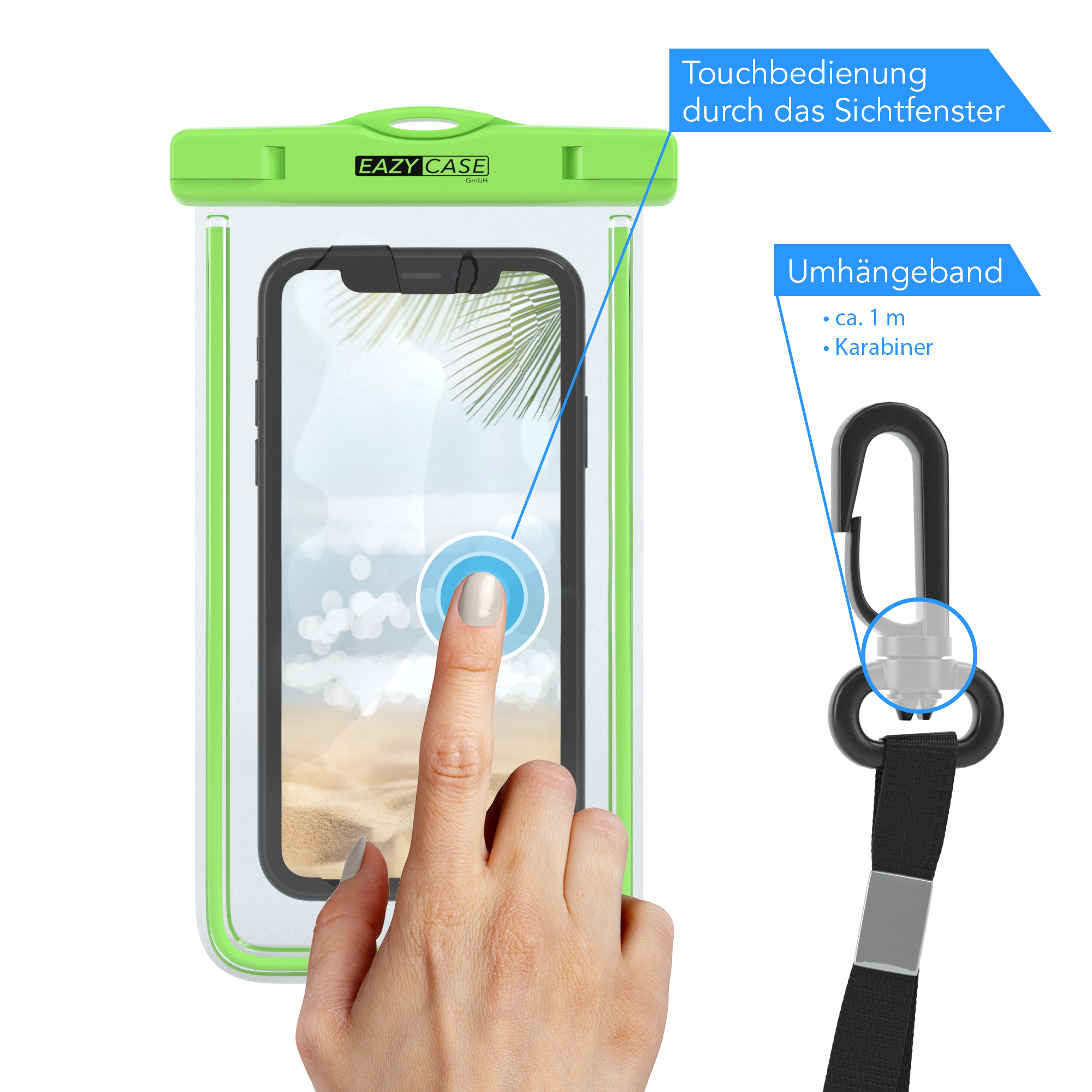 Ein Telefon in einer wasserdichten Hülle, mit einer Hand, die den Bildschirm berührt. Ein Karabiner ist zu sehen.