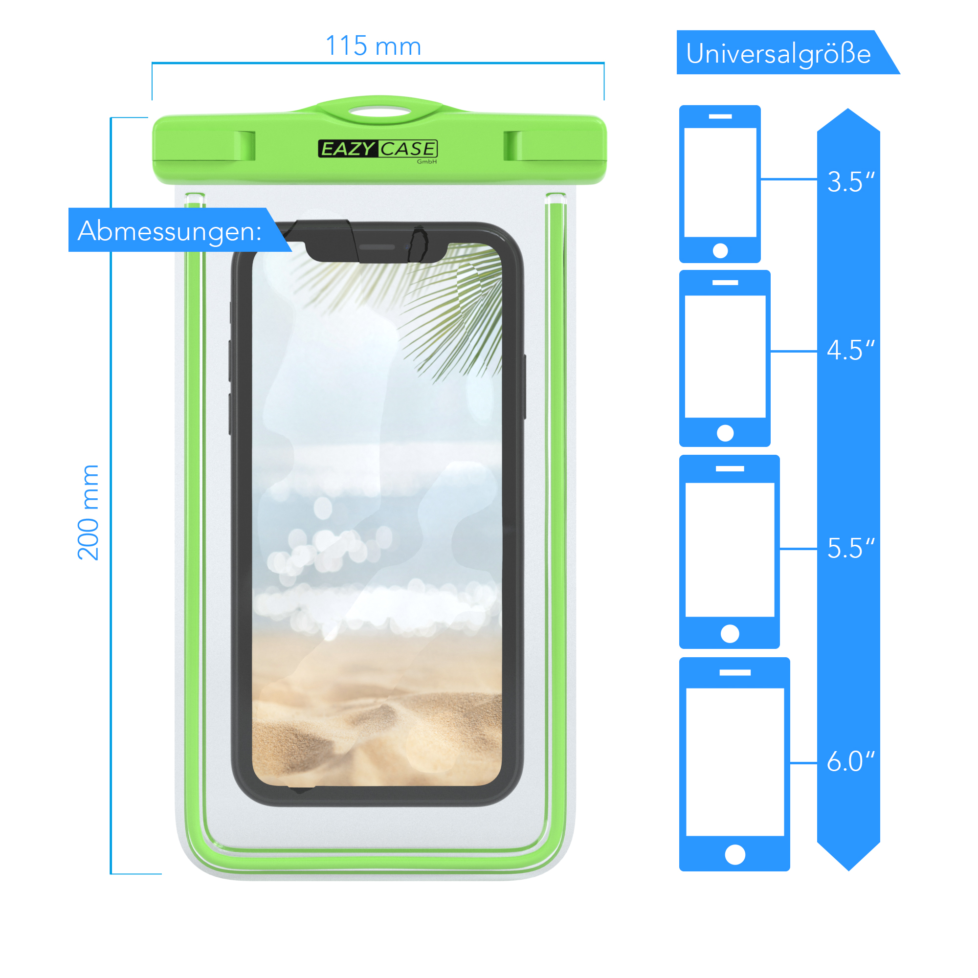 Telefon in einer wasserdichten Hülle. Größenmaße und Telefongrößen werden angezeigt.