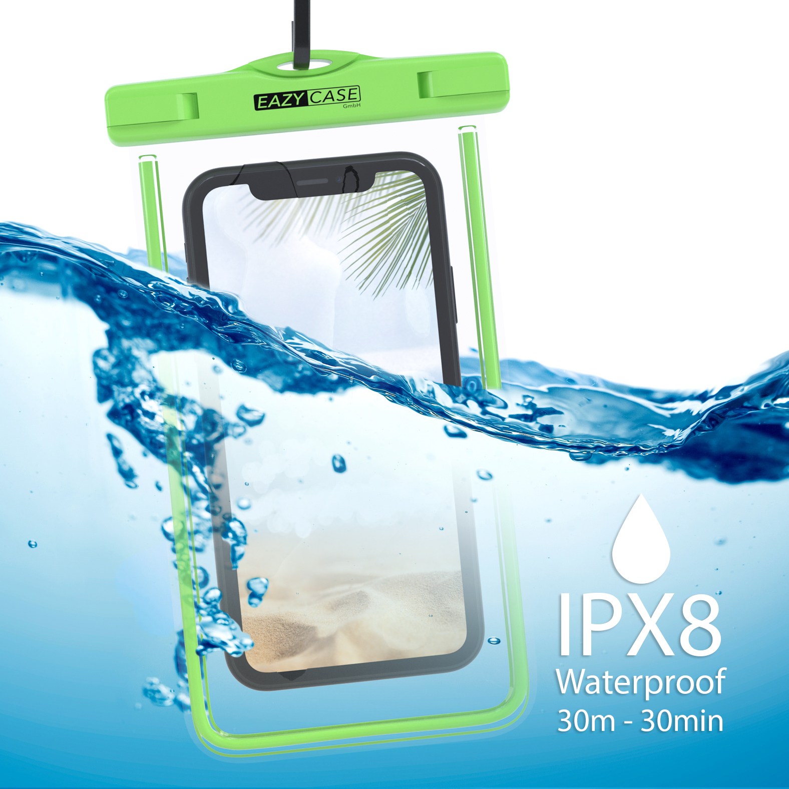 Telefon in wasserdichter, grüner und klarer Hülle, unter Wasser. Die Hülle hat IPX8 Wasserdichtigkeit.