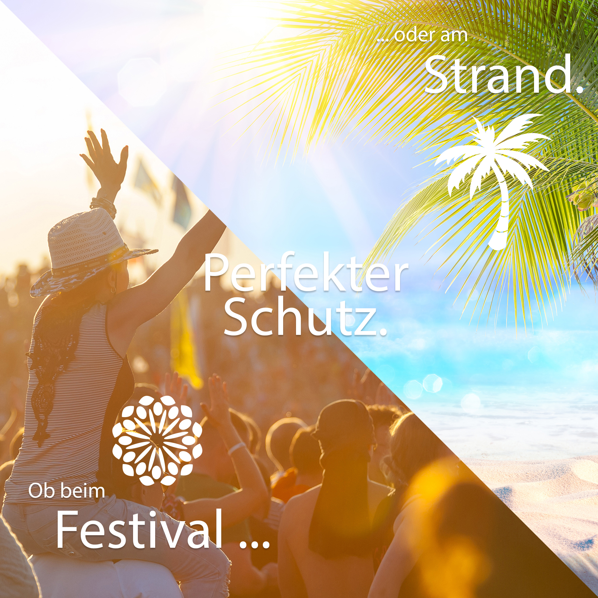 Menschen auf Festival und Strandszene. Text sagt 'Perfekter Schutz' und 'EAZY CASE'.