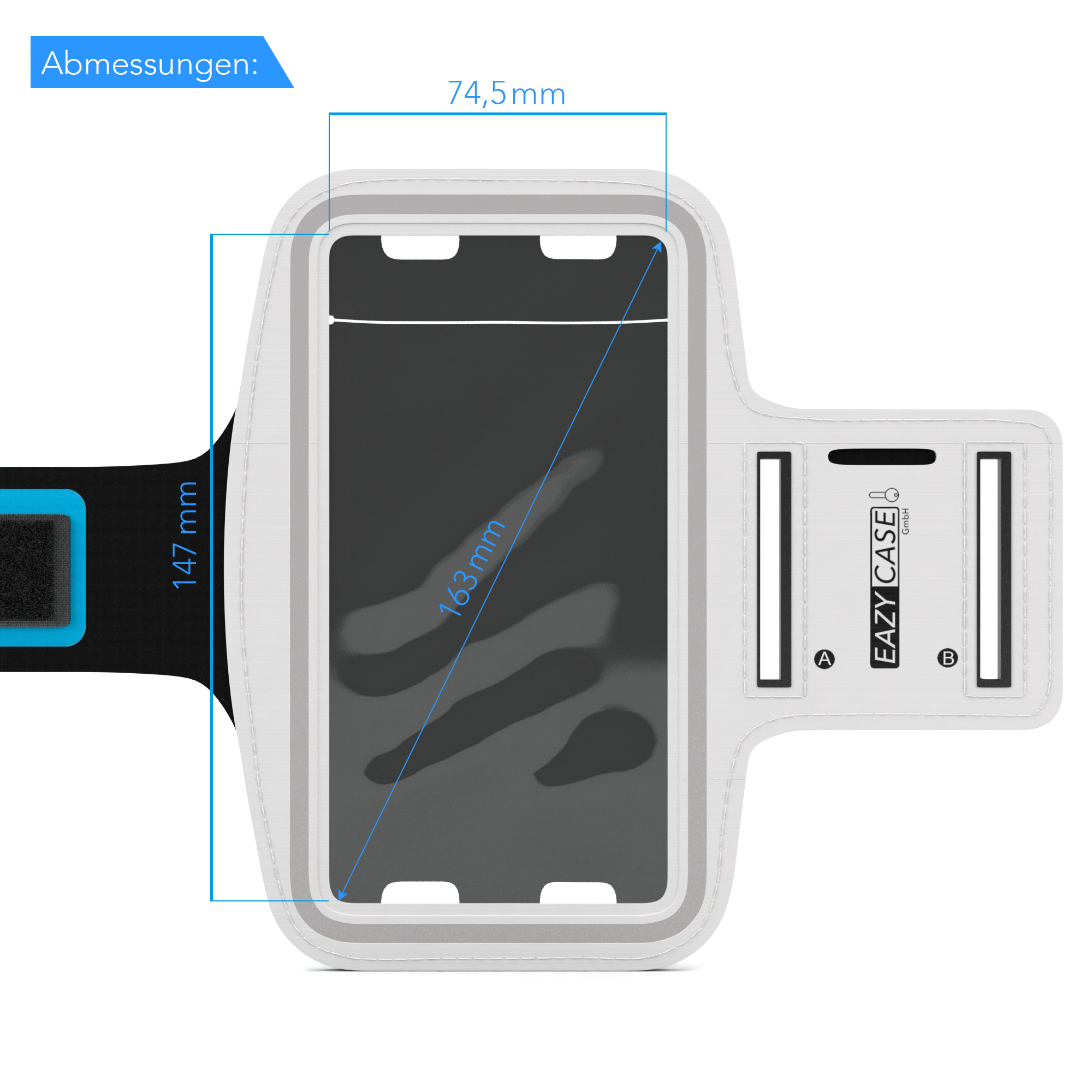 Ein Smartphone-Armhalter, weiß und schwarz, mit Abmessungen. Der Telefonbildschirm ist sichtbar.