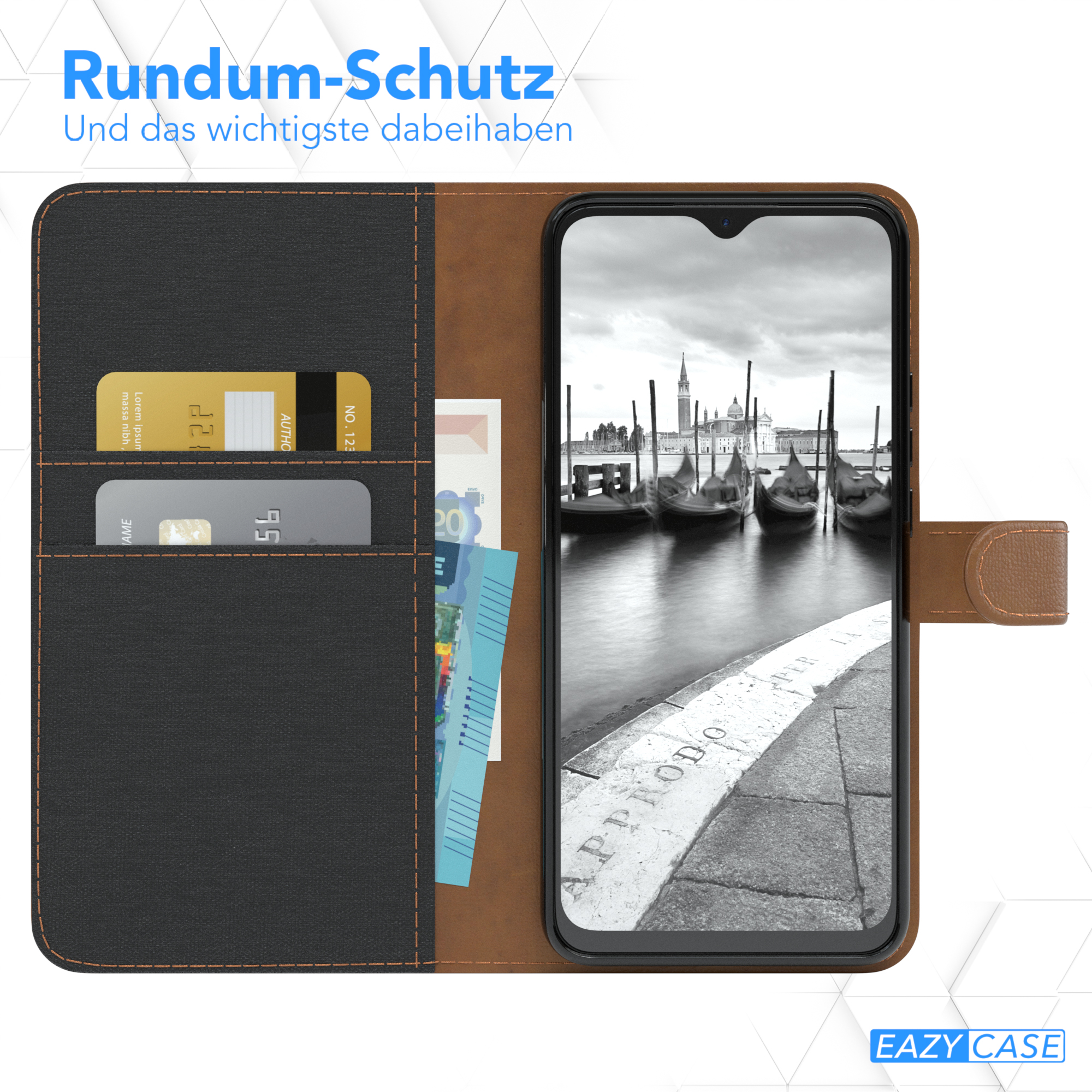 Braune Handyhülle mit Karten und Geld. Text: Rundum-Schutz.