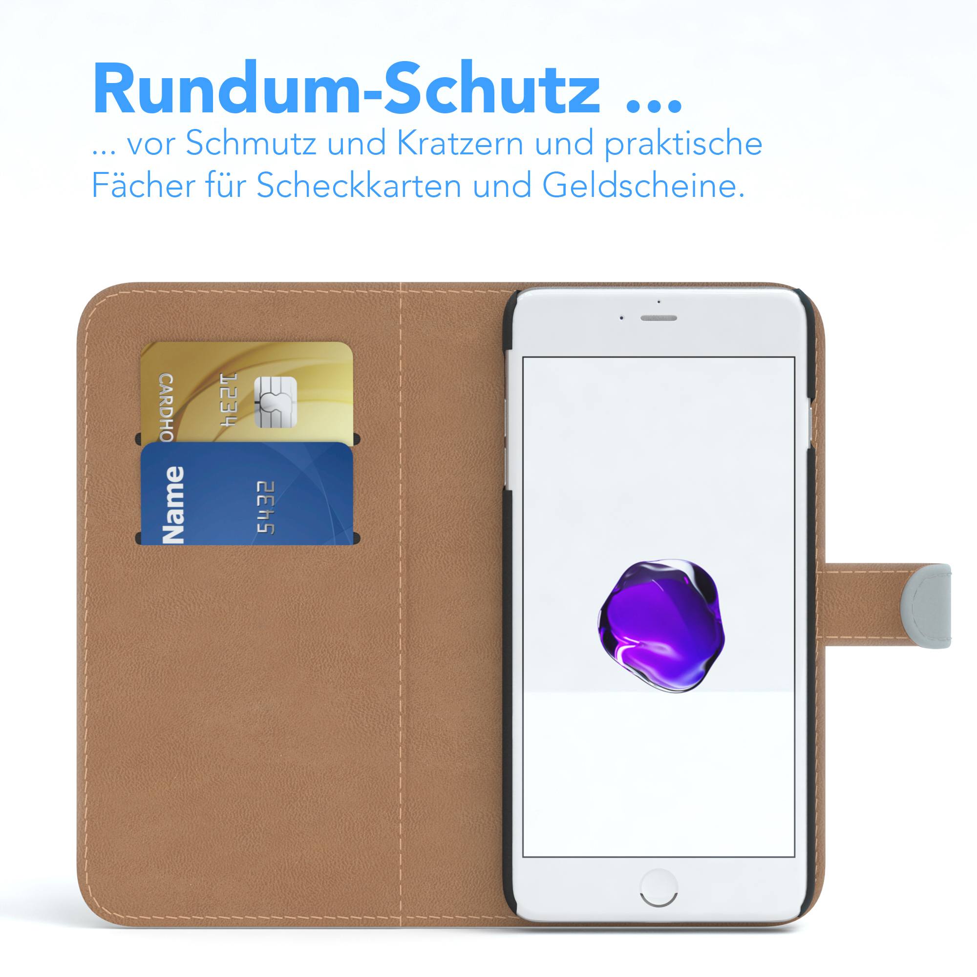 Geöffnete Handyhülle mit Karten und Telefon. Braune Hülle mit Telefon, Gold- und Blaue Karten.