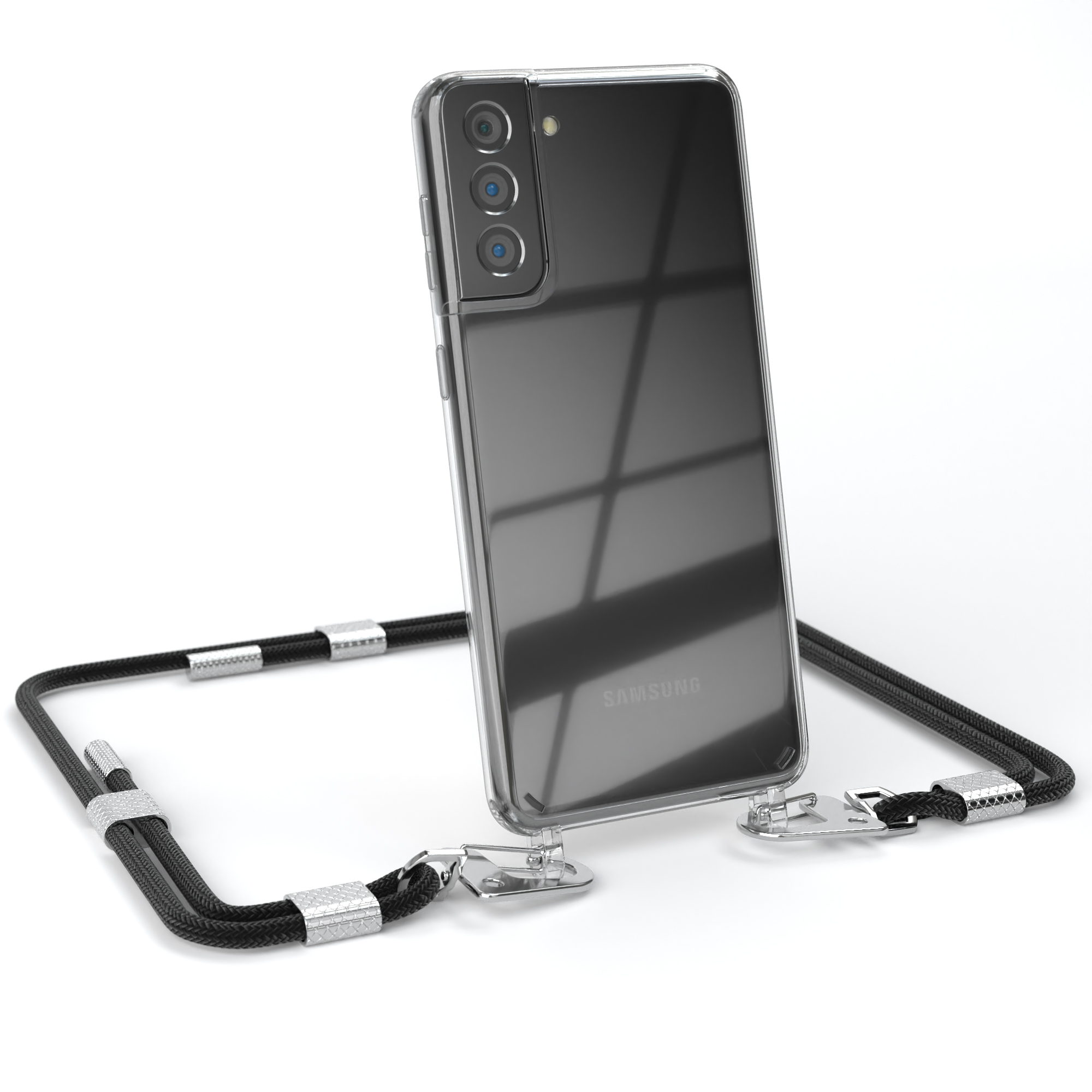 Samsung, Schwarz Transparente Handyhülle runder Plus CASE Umhängetasche, 5G, Karabiner, Silber Galaxy / Kordel EAZY mit S21 +