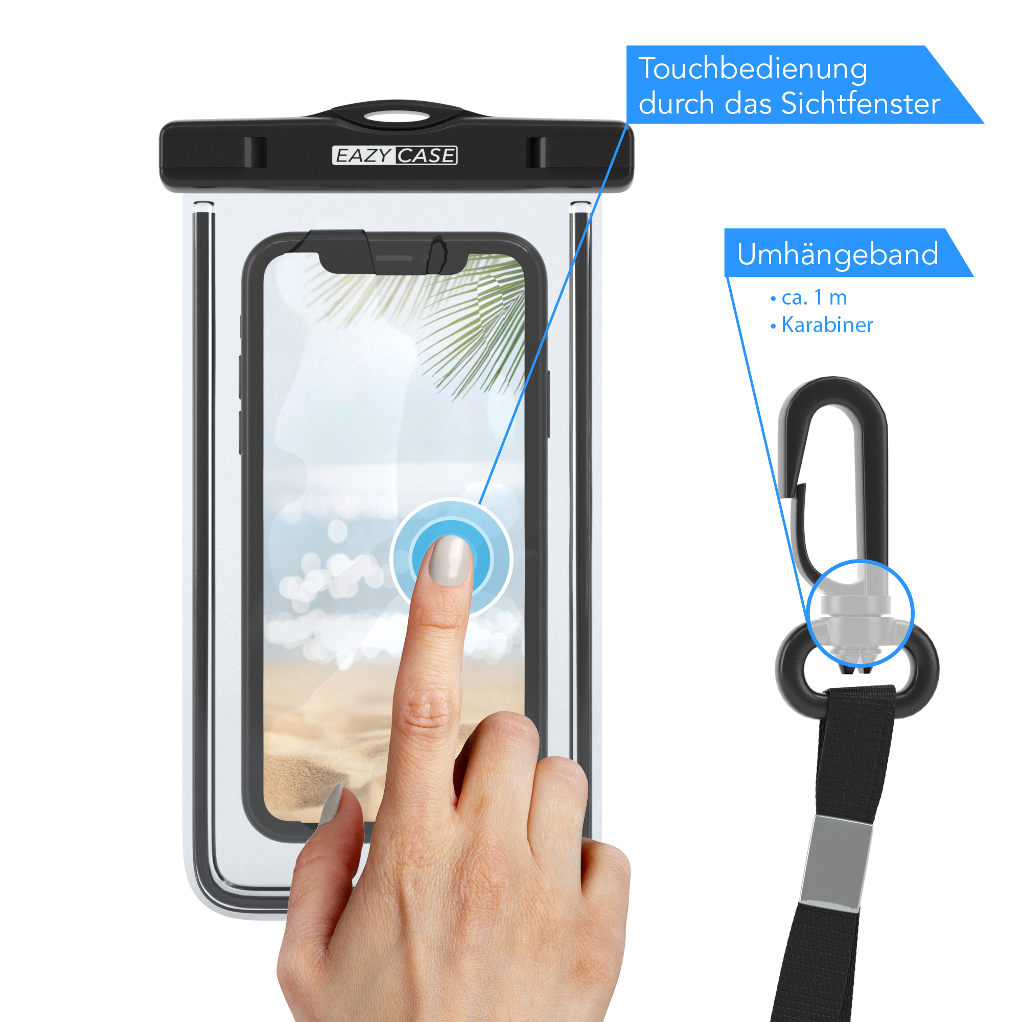 Hand berührt Telefon durch transparente, wasserdichte Hülle mit Umhängeband.
