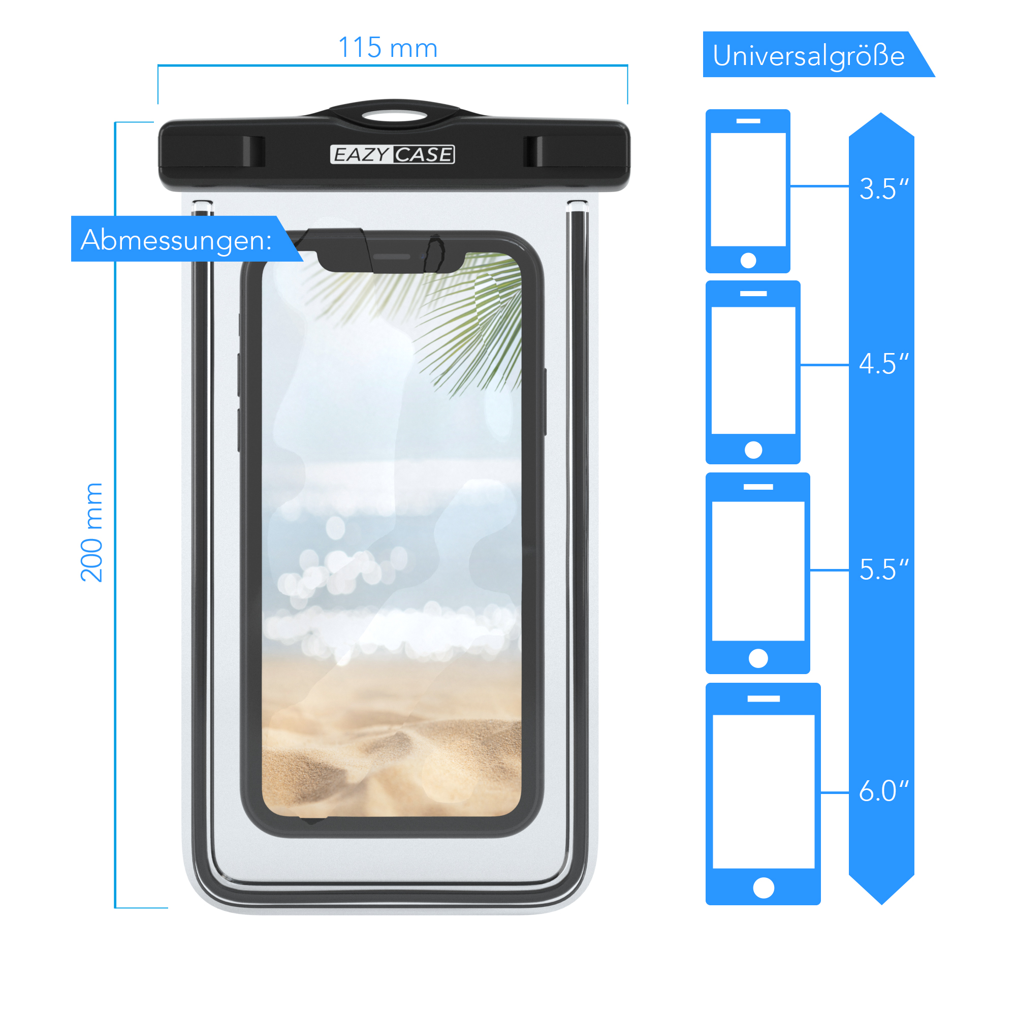 Wasserdichte Handyhülle mit Abmessungen. Text: Universalgröße, Eazy Case Logo. Handy im Case.