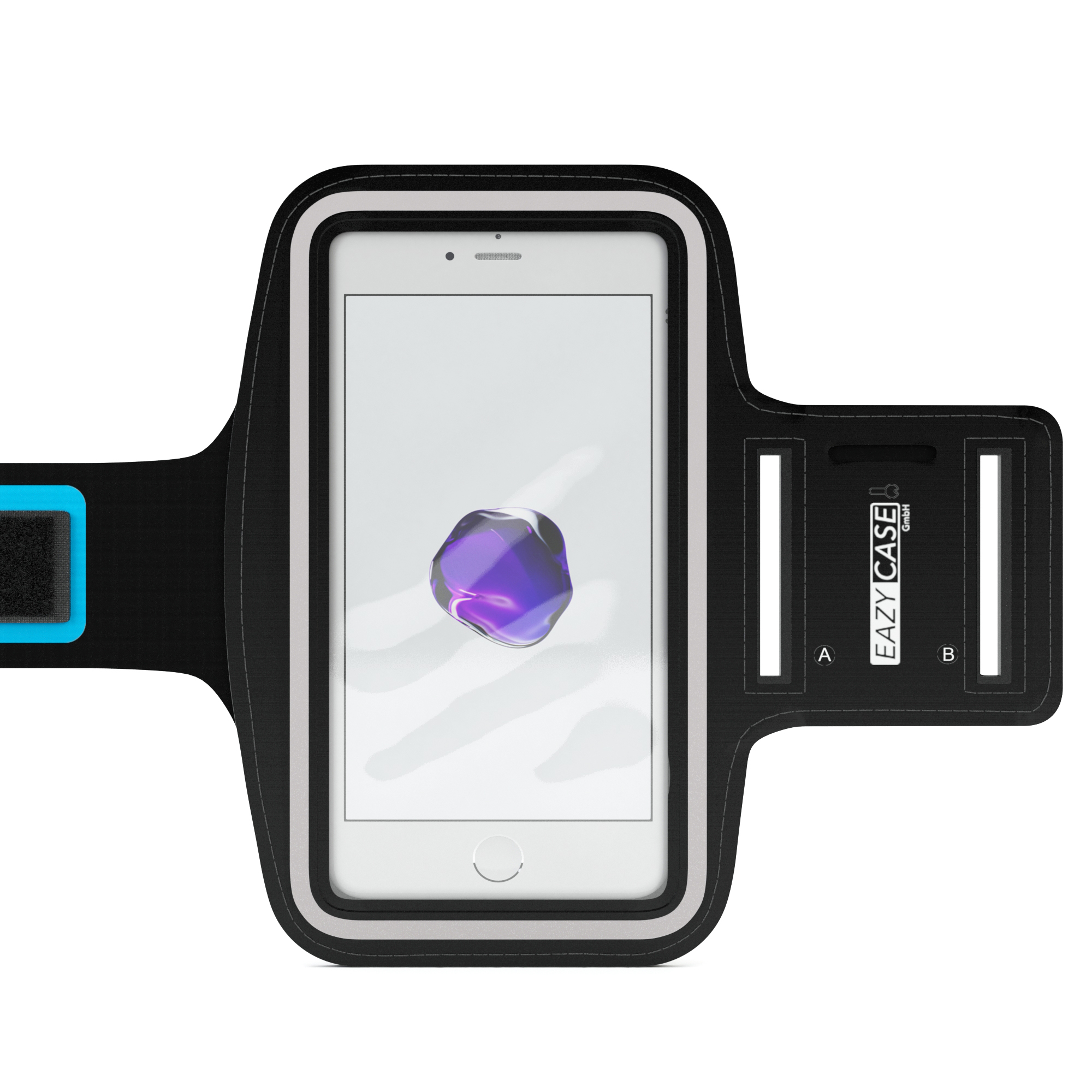 Ein Telefon in einer Armbinde. Das Telefon ist weiß und das Band ist schwarz und blau.