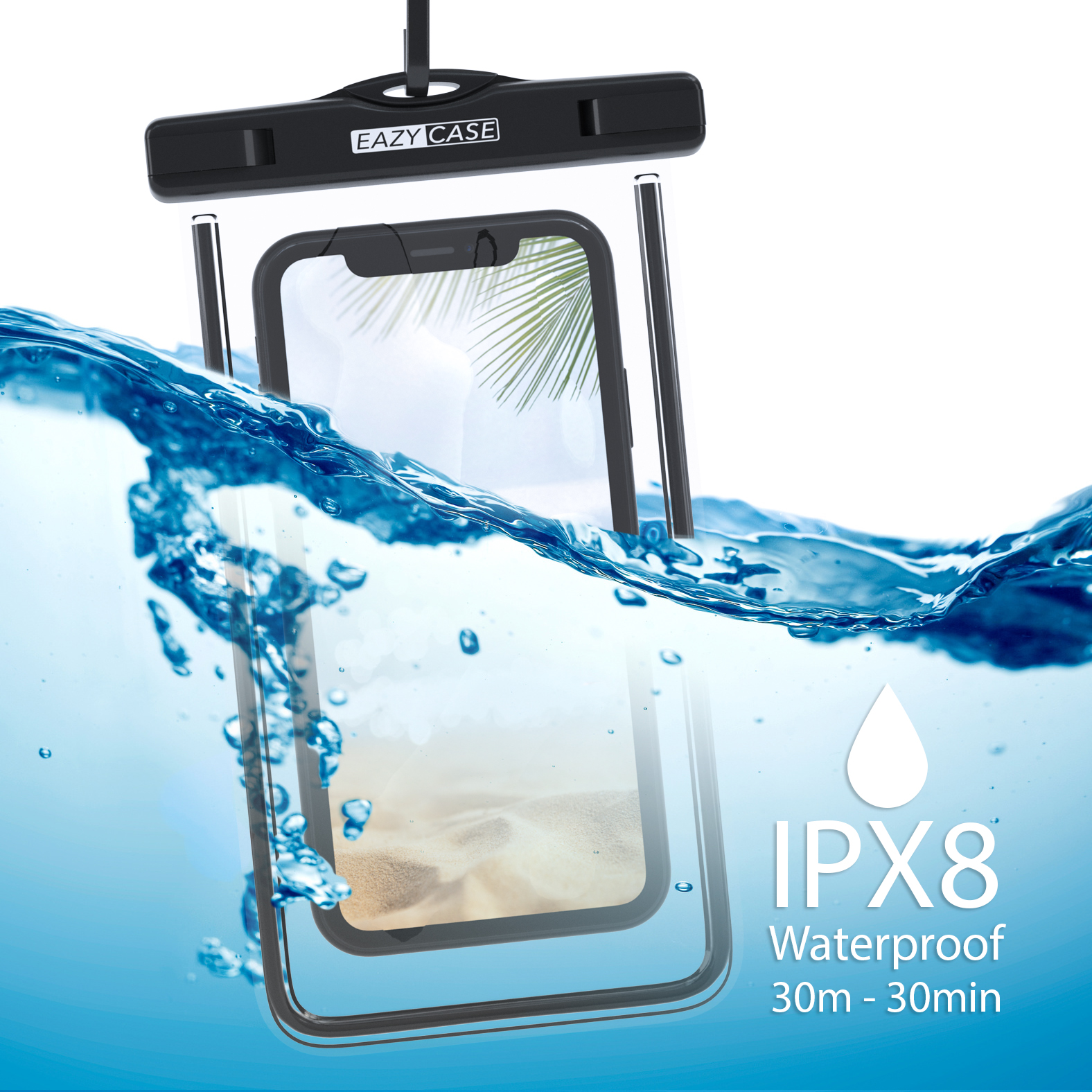 Telefon in wasserdichter, transparenter Hülle, unter Wasser mit Strandmotiv sichtbar.