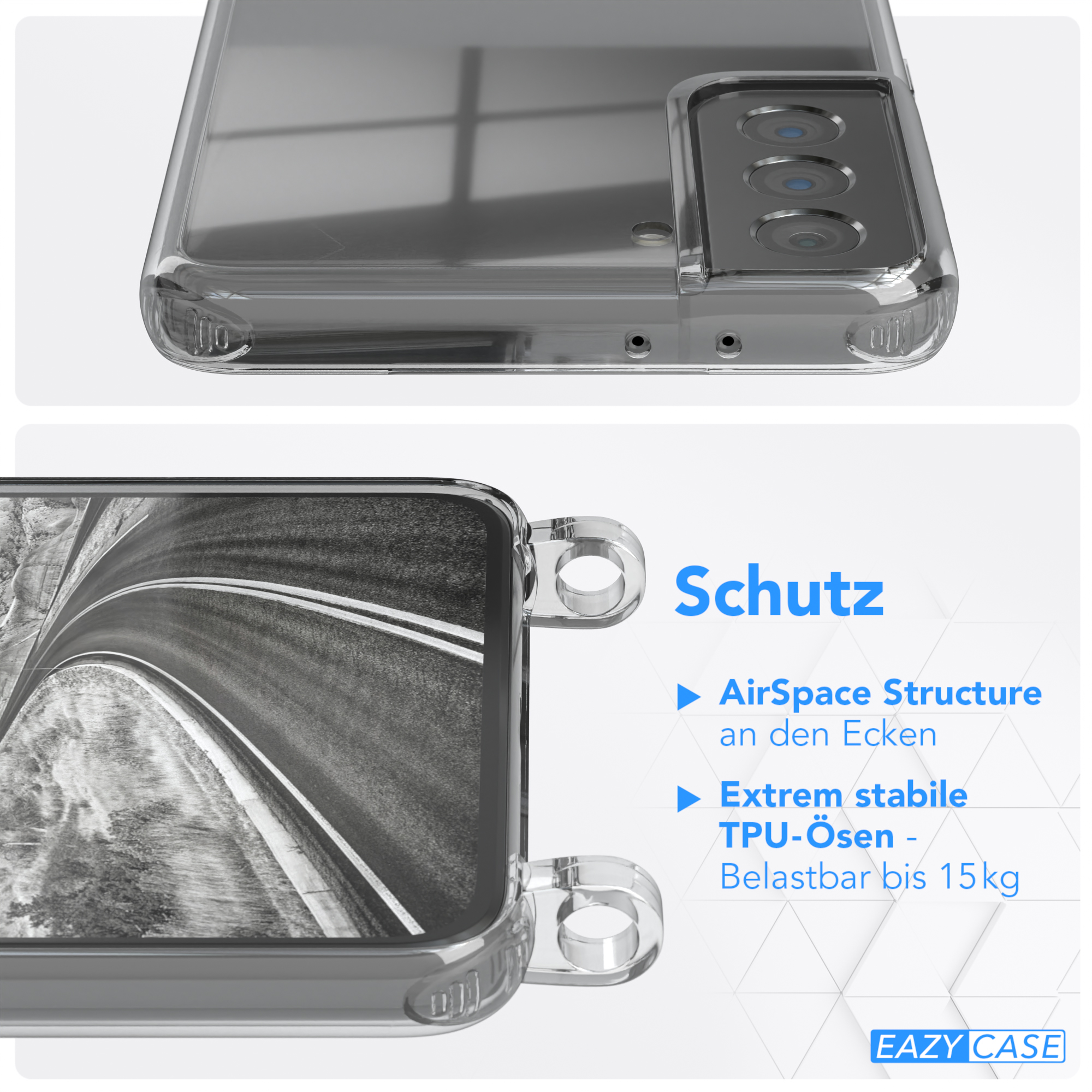 EAZY CASE Transparente Handyhülle Silber Umhängetasche, + Samsung, Galaxy S21 Kordel Plus mit / Schwarz runder Karabiner, 5G