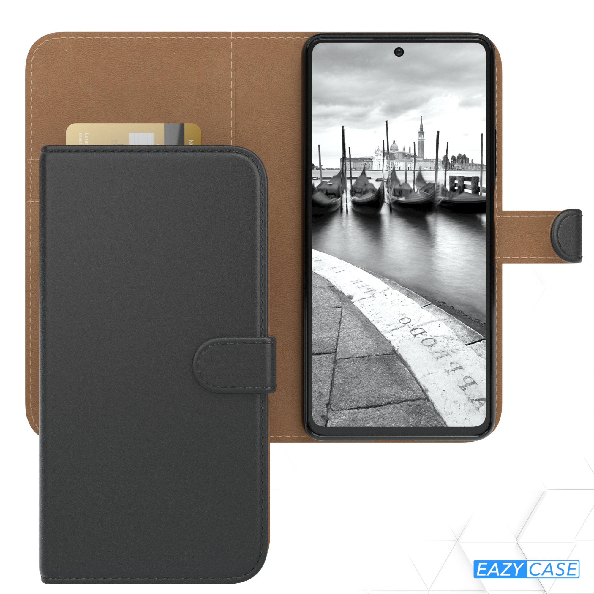 Eine schwarze Leder-Handyhülle, geöffnet, um ein Telefon mit einem Schwarzweißbild einer Stadt zu zeigen.