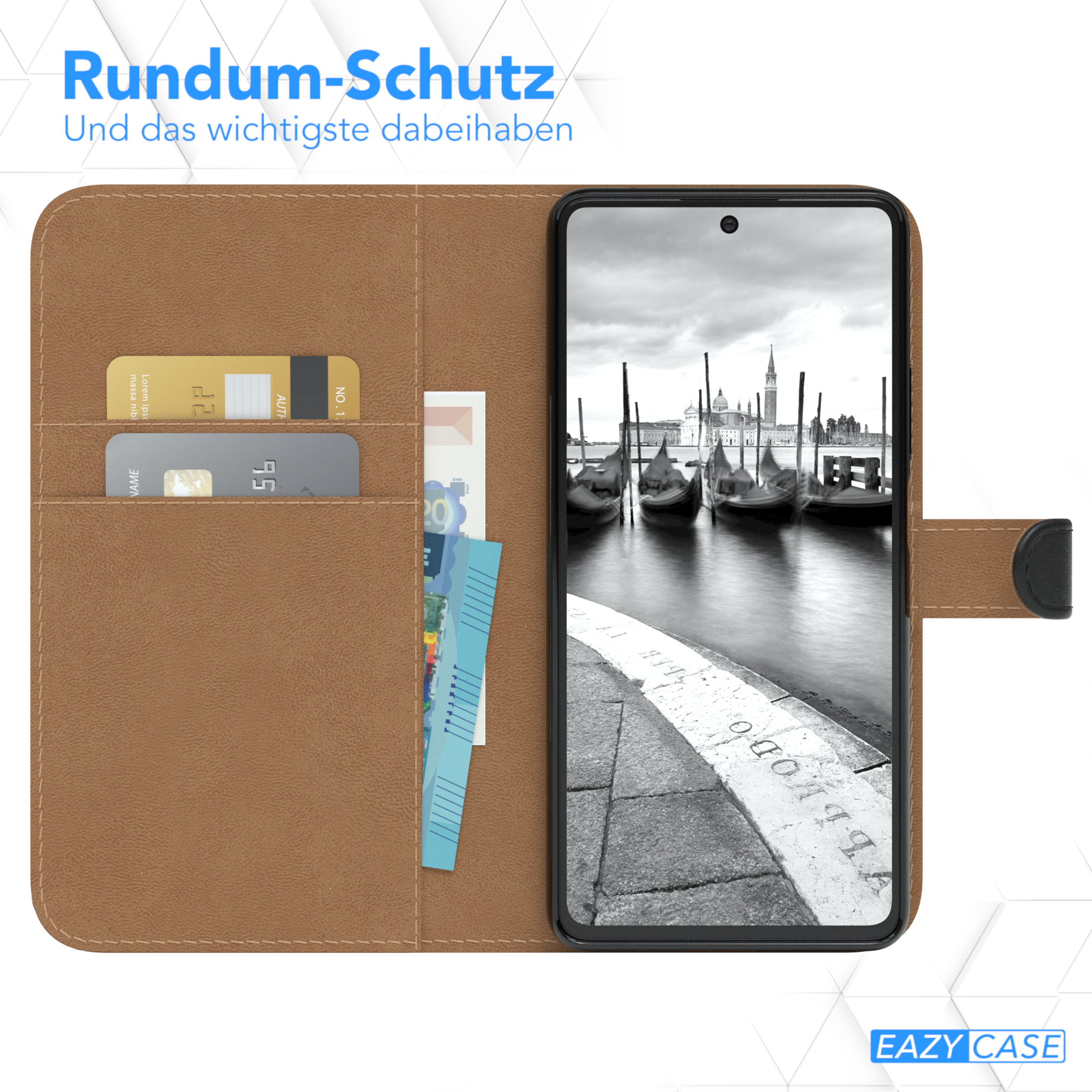 Geöffnete Handyhülle, die ein Telefon mit einem Bildschirm zeigt, der ein Schwarzweißbild anzeigt, mit Karten.