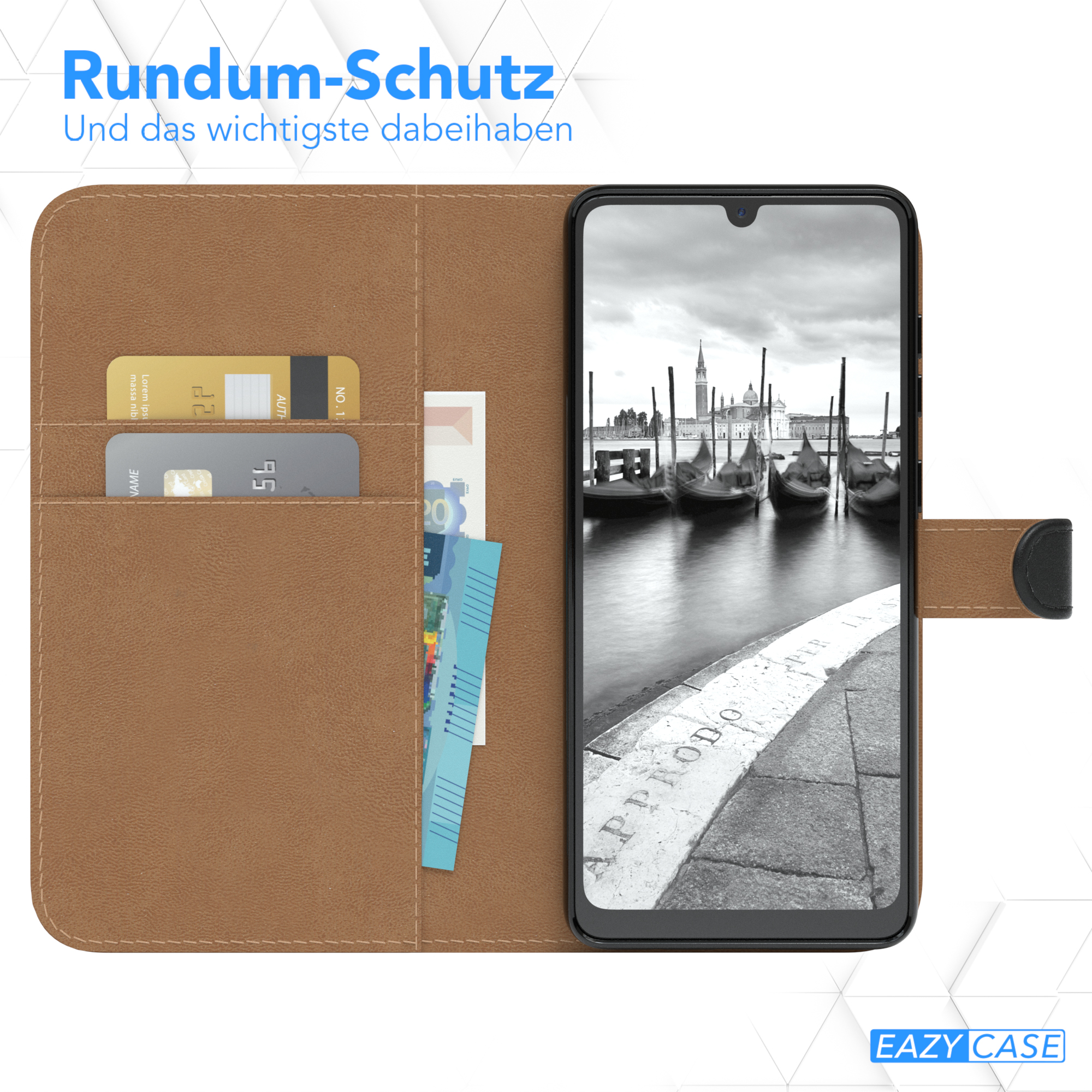 Telefon mit Venedig-Szene in brauner Hülle, Kreditkarten und Geld.