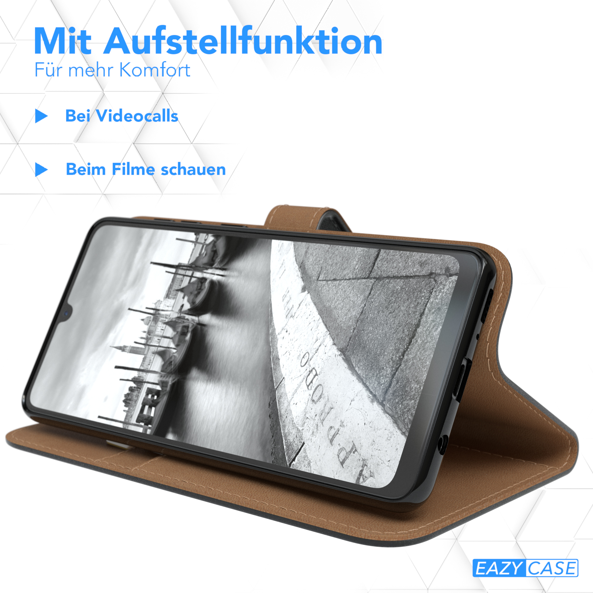 Telefon in brauner Hülle, geöffnet, aufgestellt, Bildschirm zeigt Bild.