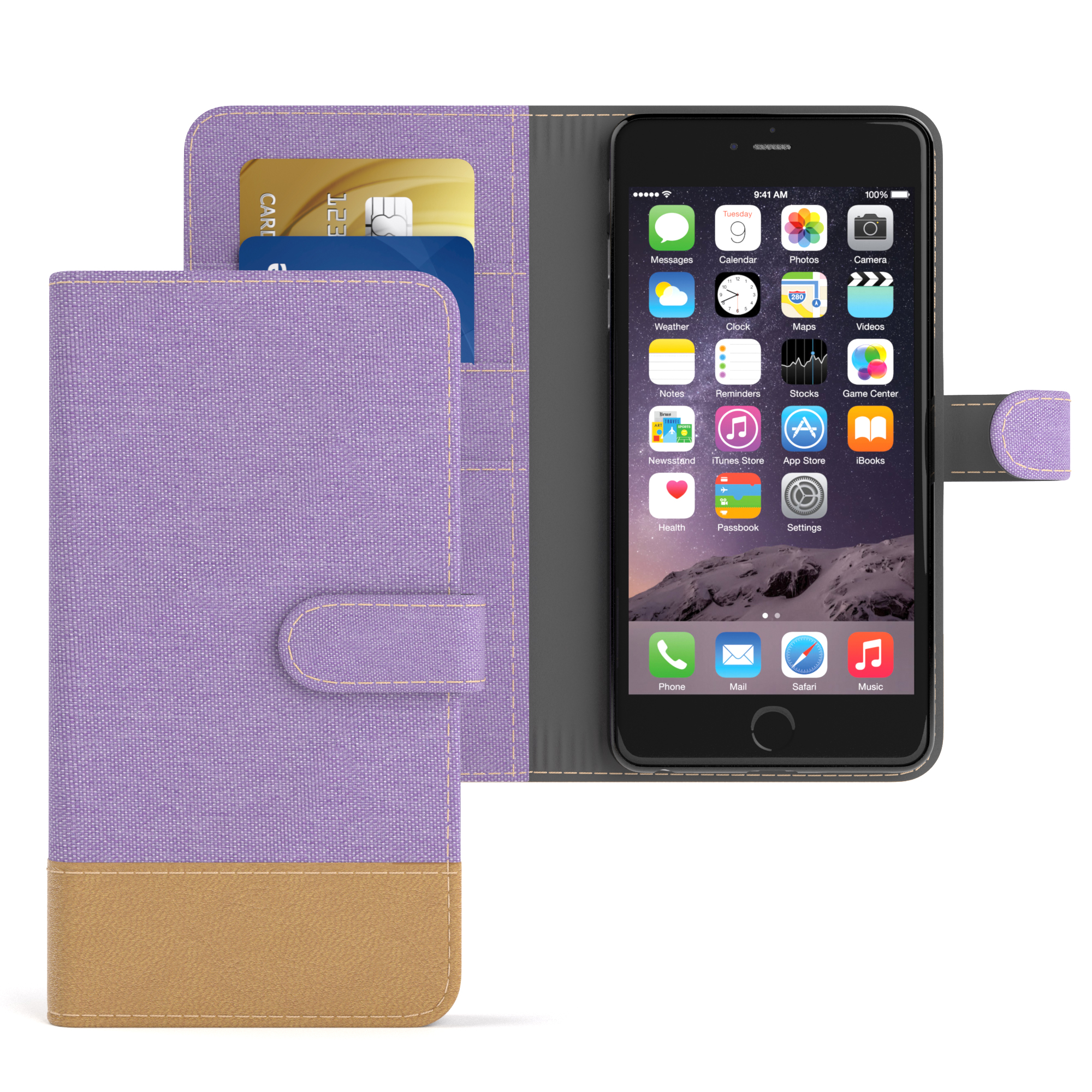 EAZY CASE Bookstyle Klapphülle Jeans mit 6 / Lila iPhone 6S Bookcover, Kartenfach, Plus Violett Plus, Apple