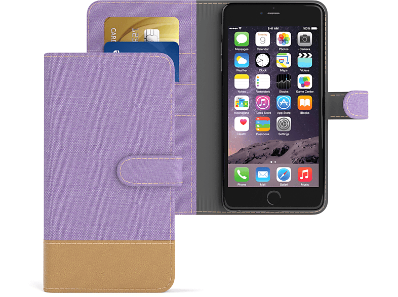 EAZY CASE Bookstyle Klapphülle Jeans mit 6 / Lila iPhone 6S Bookcover, Kartenfach, Plus Violett Plus, Apple