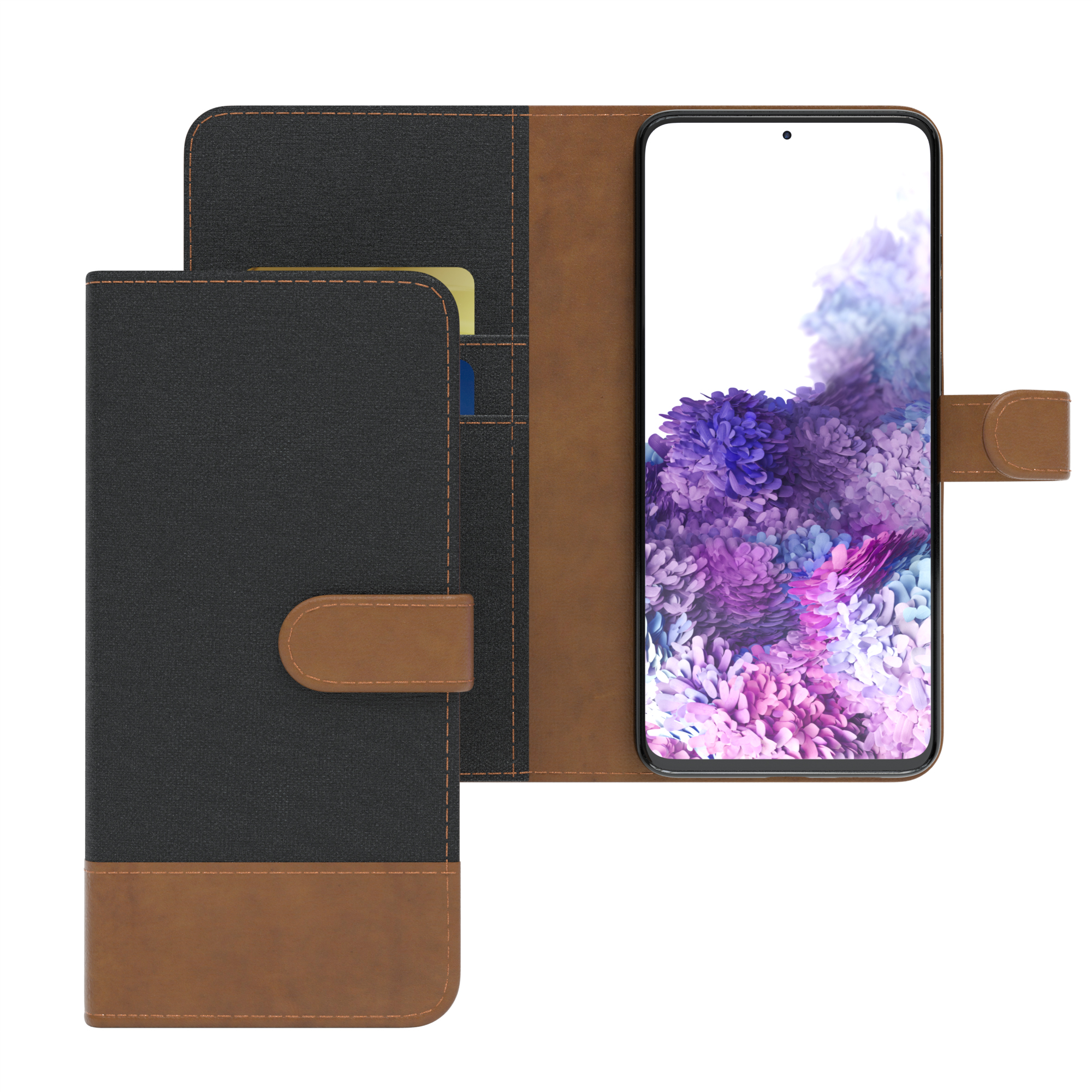 Schwarz-braunes Handycase offen, zeigt ein Blumenbild.