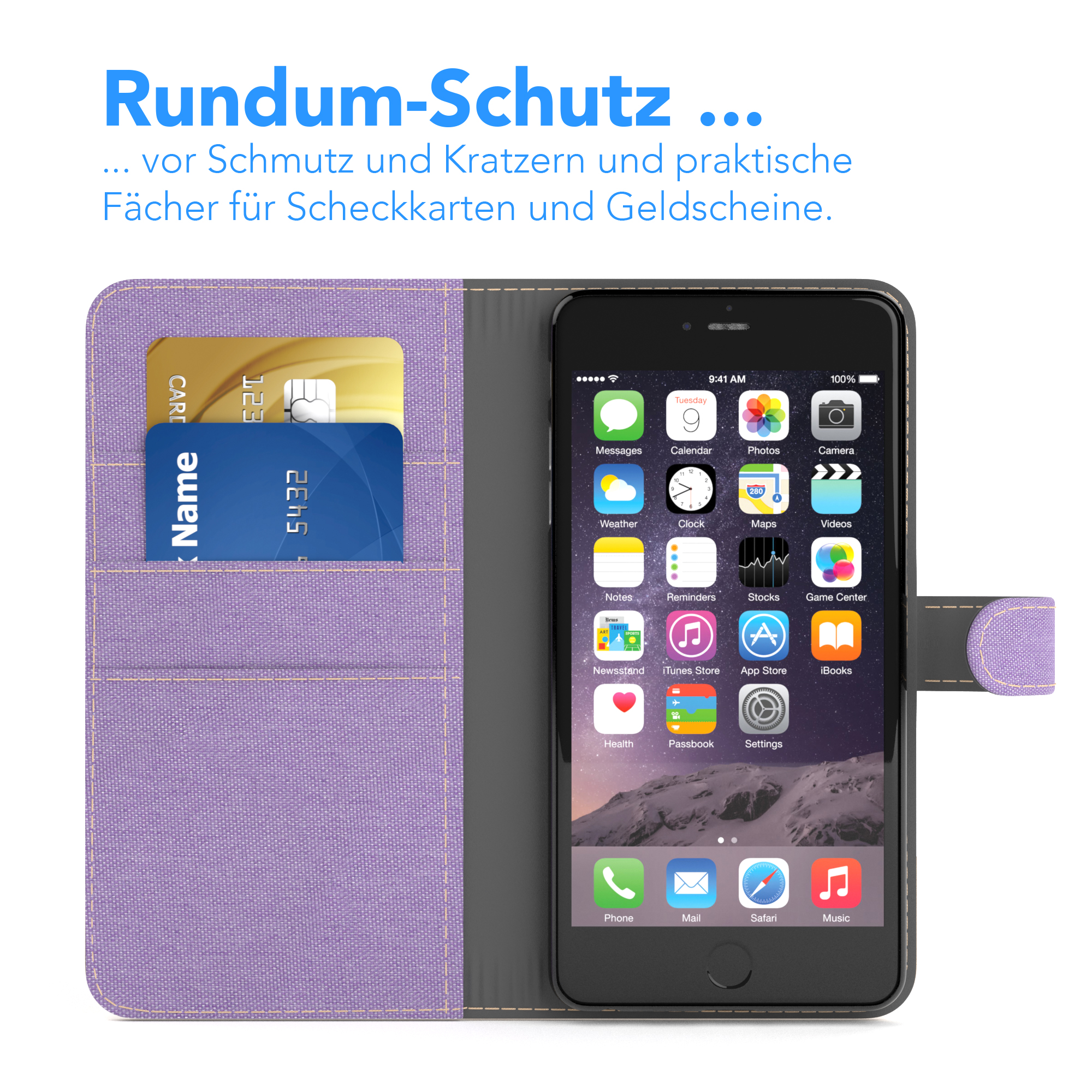 Ein Telefon in einer lila Geldbörsenhülle. In der Geldbörse befinden sich Karten.