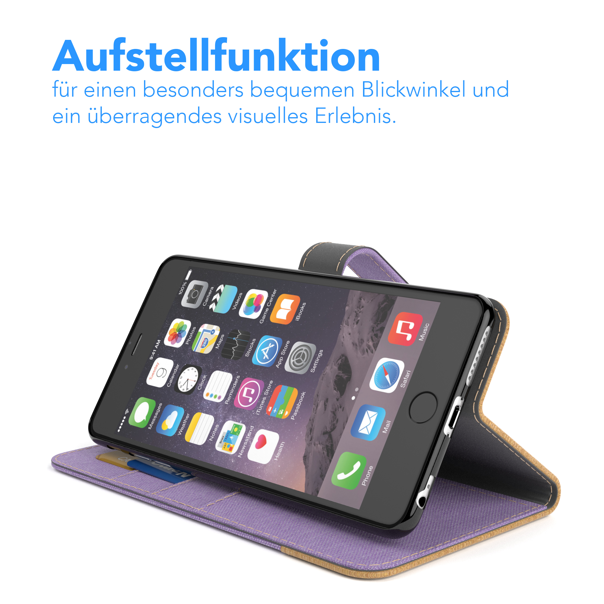 Ein Telefon, das Symbole anzeigt, in einer Hülle, die auf einer Oberfläche geöffnet ist.