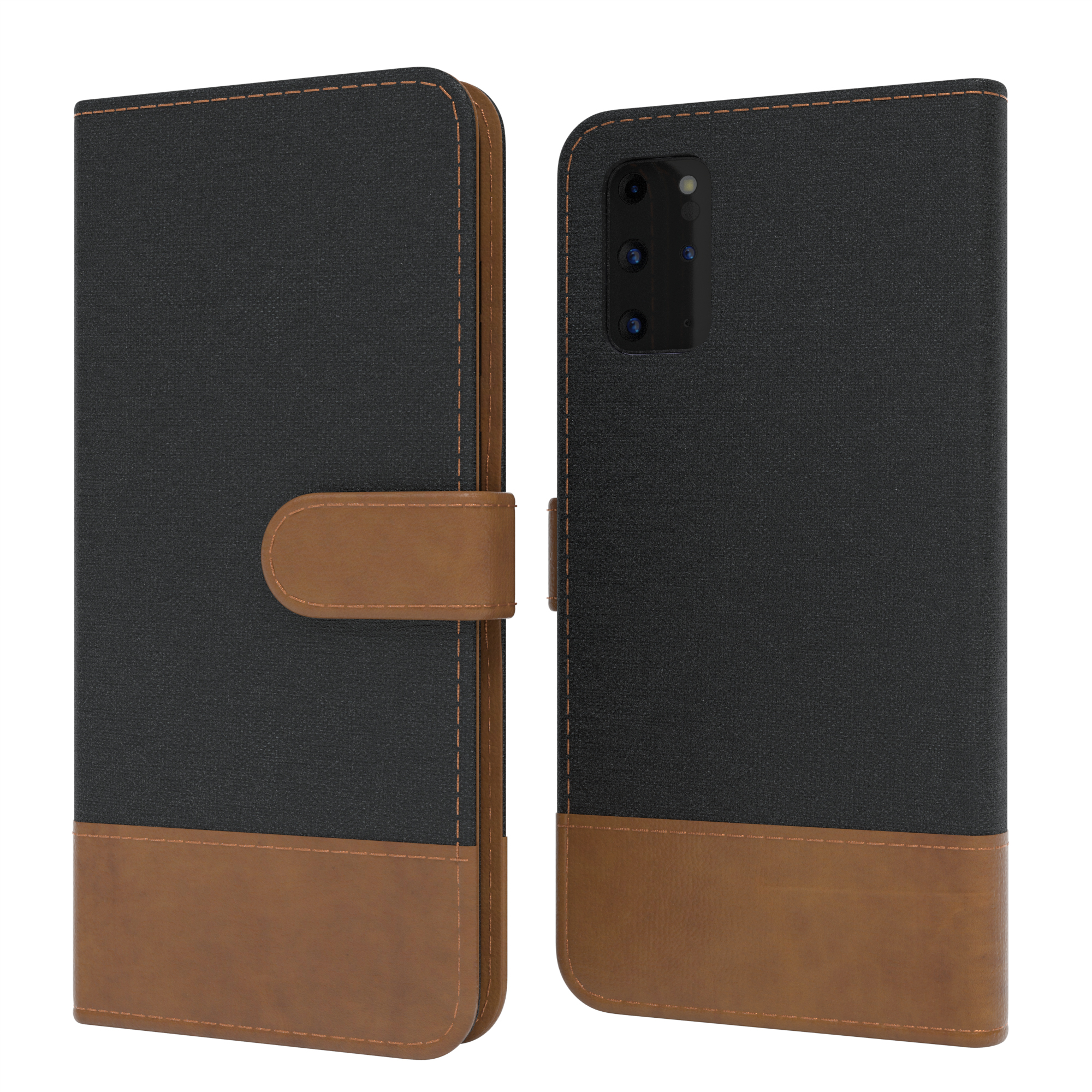 Handyhülle, schwarz mit braunem Leder. Geschlossene und offene Ansicht. Eazy Case Logo.