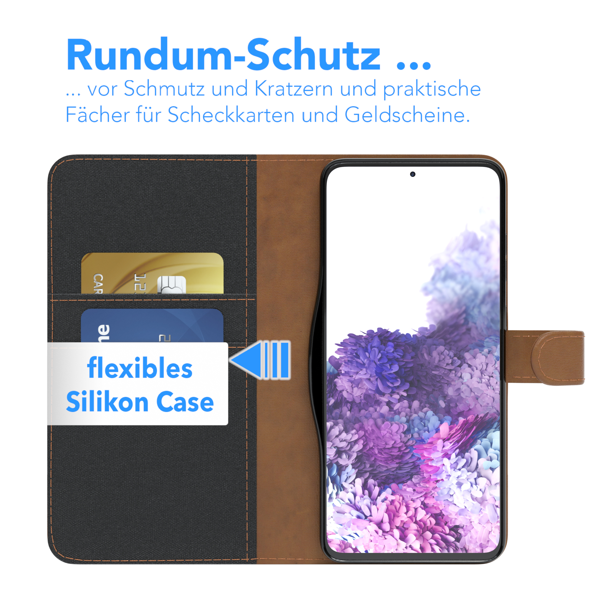 Handyhülle mit Kreditkartenfächern. Eine Karte und eine blaue Karte.