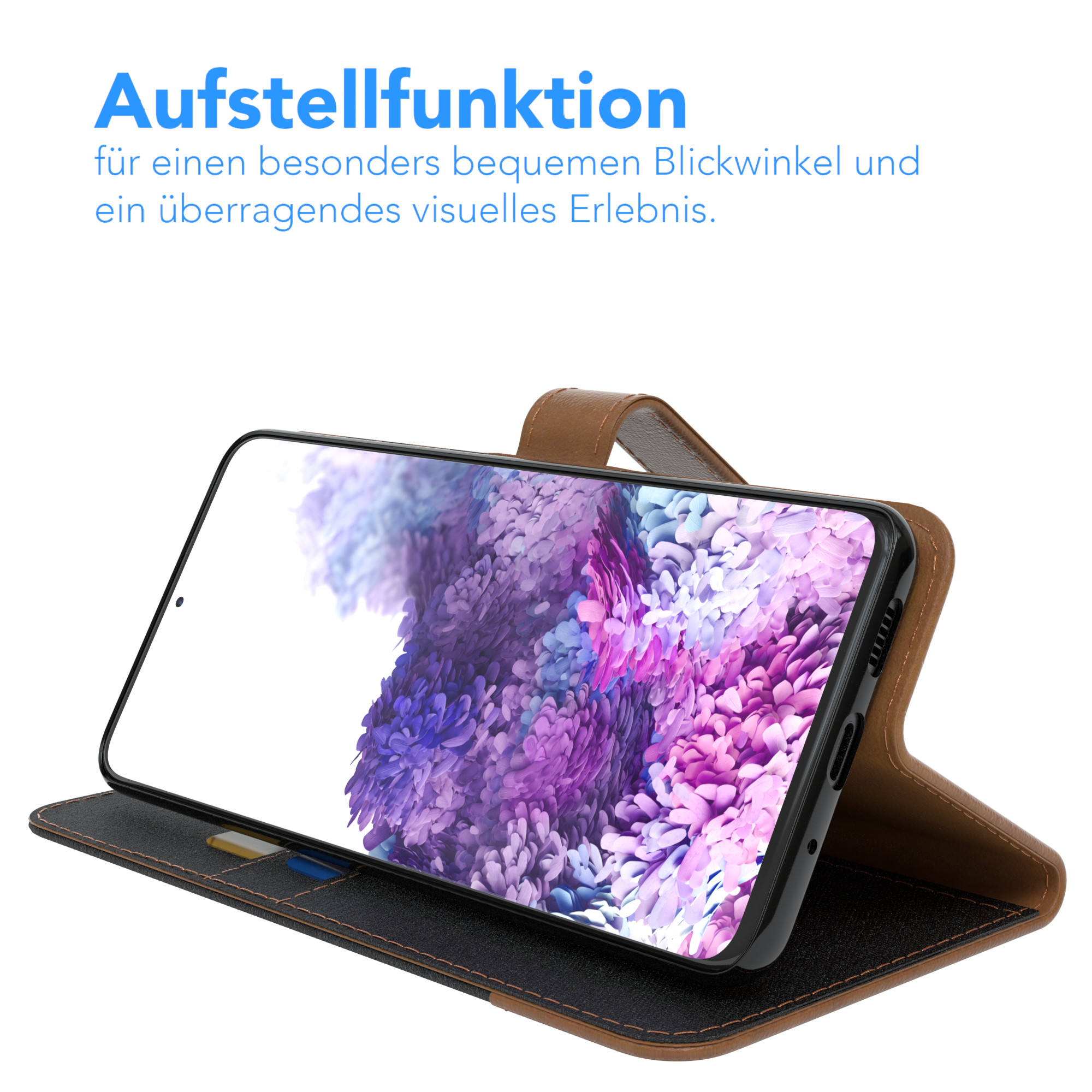 Ein Telefon in einem braunen Case ist geöffnet. Der Bildschirm zeigt ein lila-weißes Bild.
