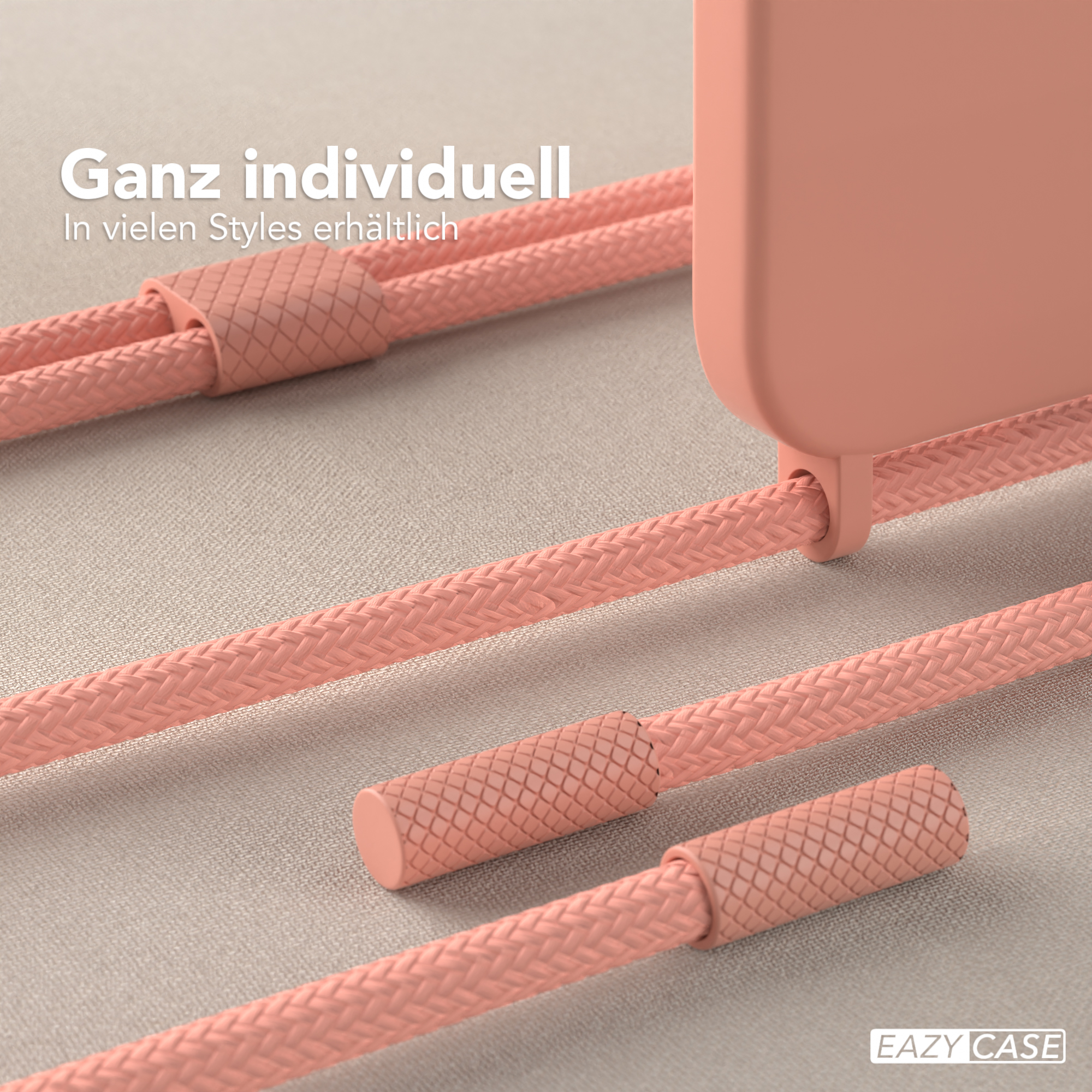 Nahaufnahme eines pfirsichfarbenen Telefonriemens und -gehäuses. Text: Ganz individuell. Eazy Case Logo.