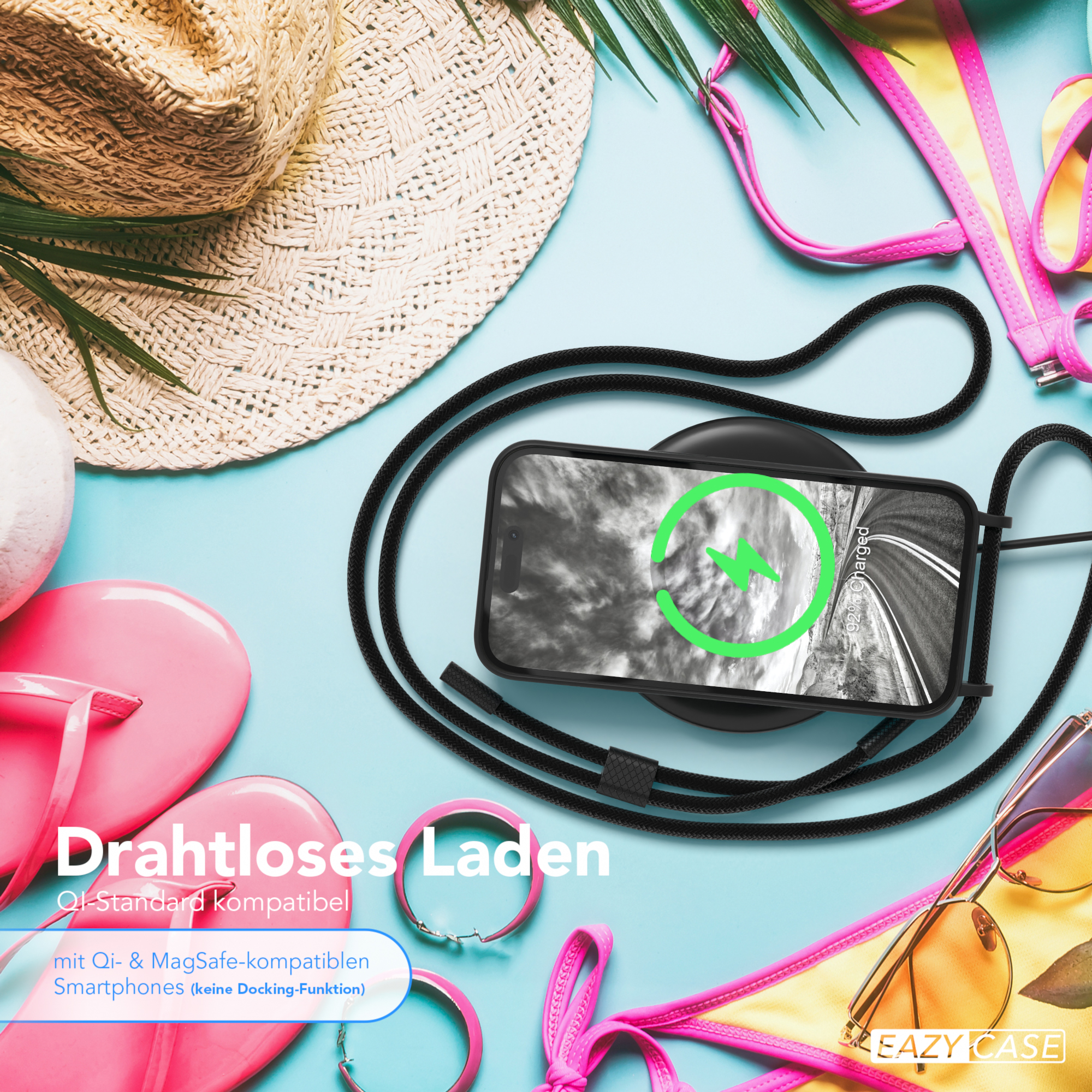Telefon mit Riemen auf Ladegerät, Sonnenbrille, Text: Drahtloses Laden. Qi-Standard kompatibel.