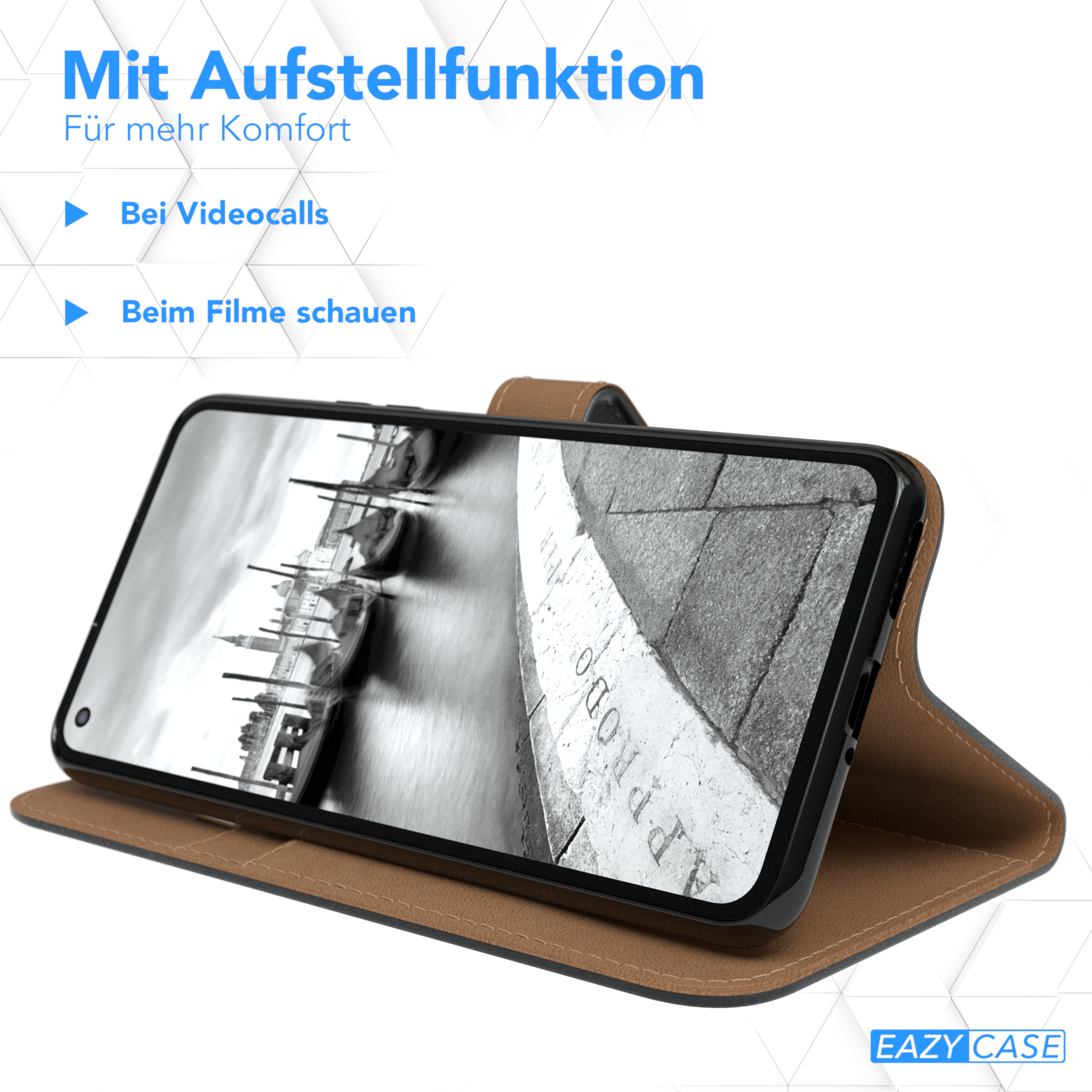 Telefon in einer Hülle, zum Aufstellen geöffnet. Text: Mit Aufstellfunktion. Eazy Case Logo.