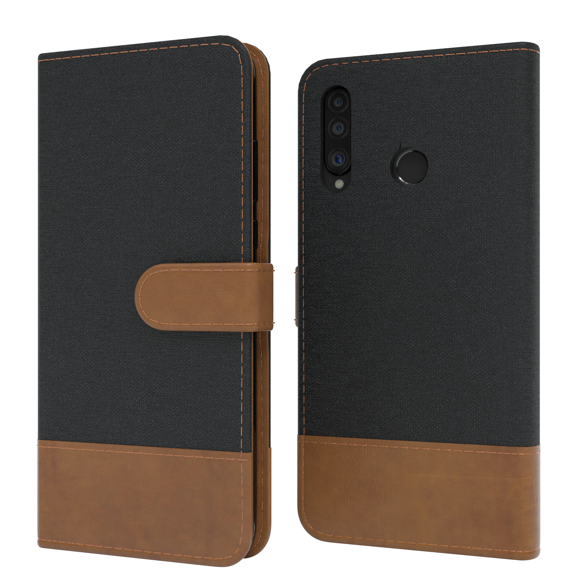 Eine Handyhülle. Es hat ein schwarz-braunes Design. Das Telefon ist nicht sichtbar.