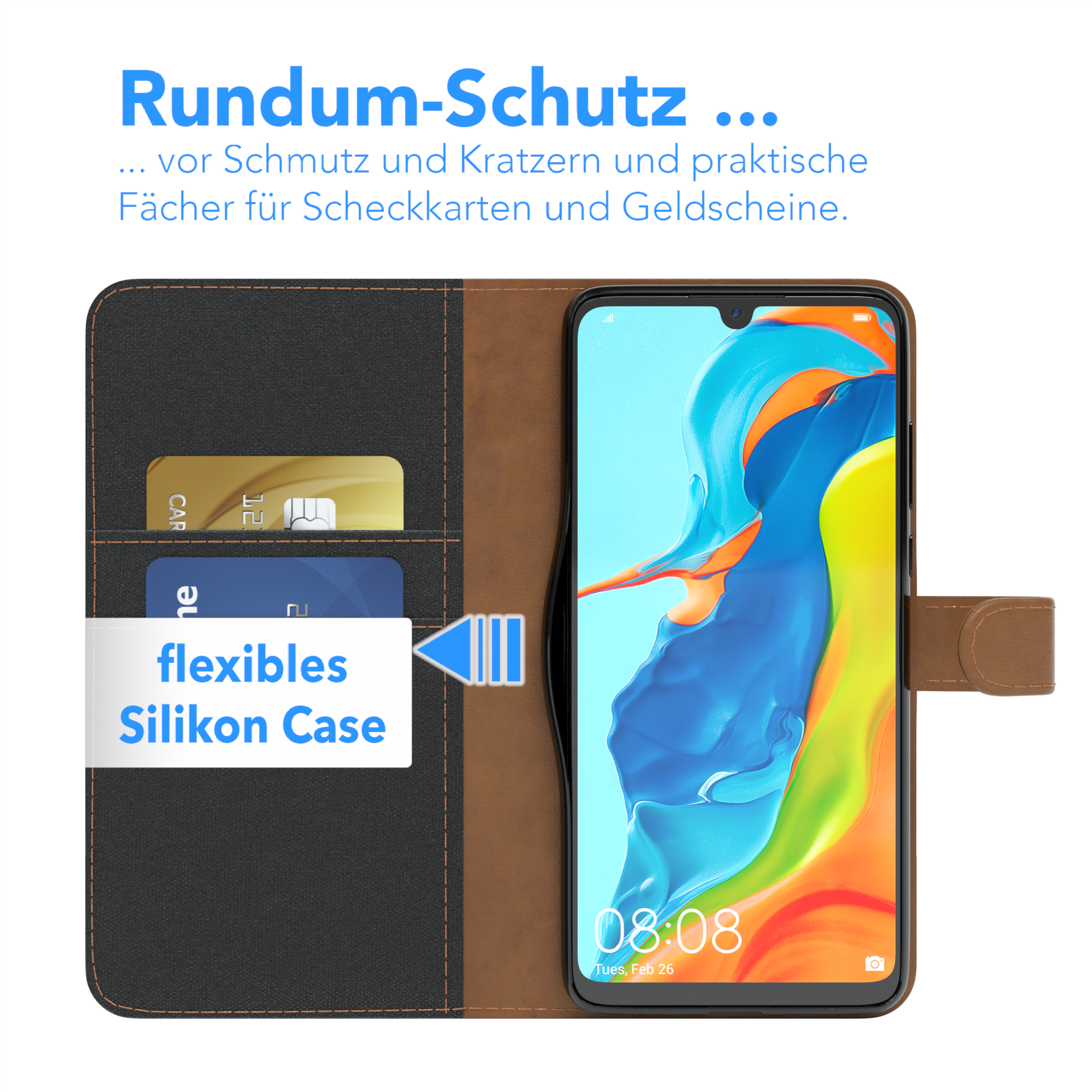 Geöffnete Handyhülle mit Handy. Zwei Karten und Text sichtbar. Schwarz und Braun.