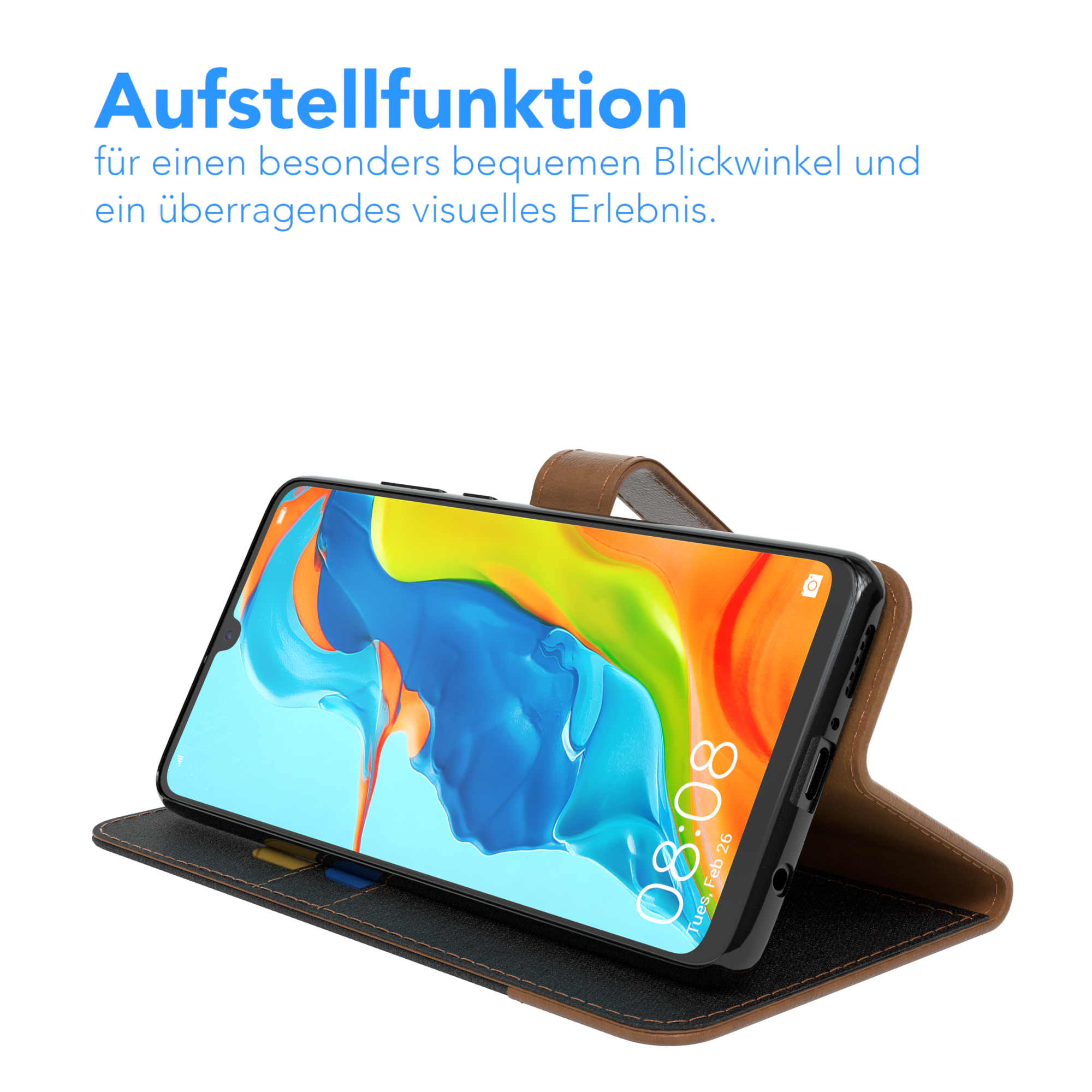 Telefon in brauner Hülle, geöffnet, Bildschirm zeigend.