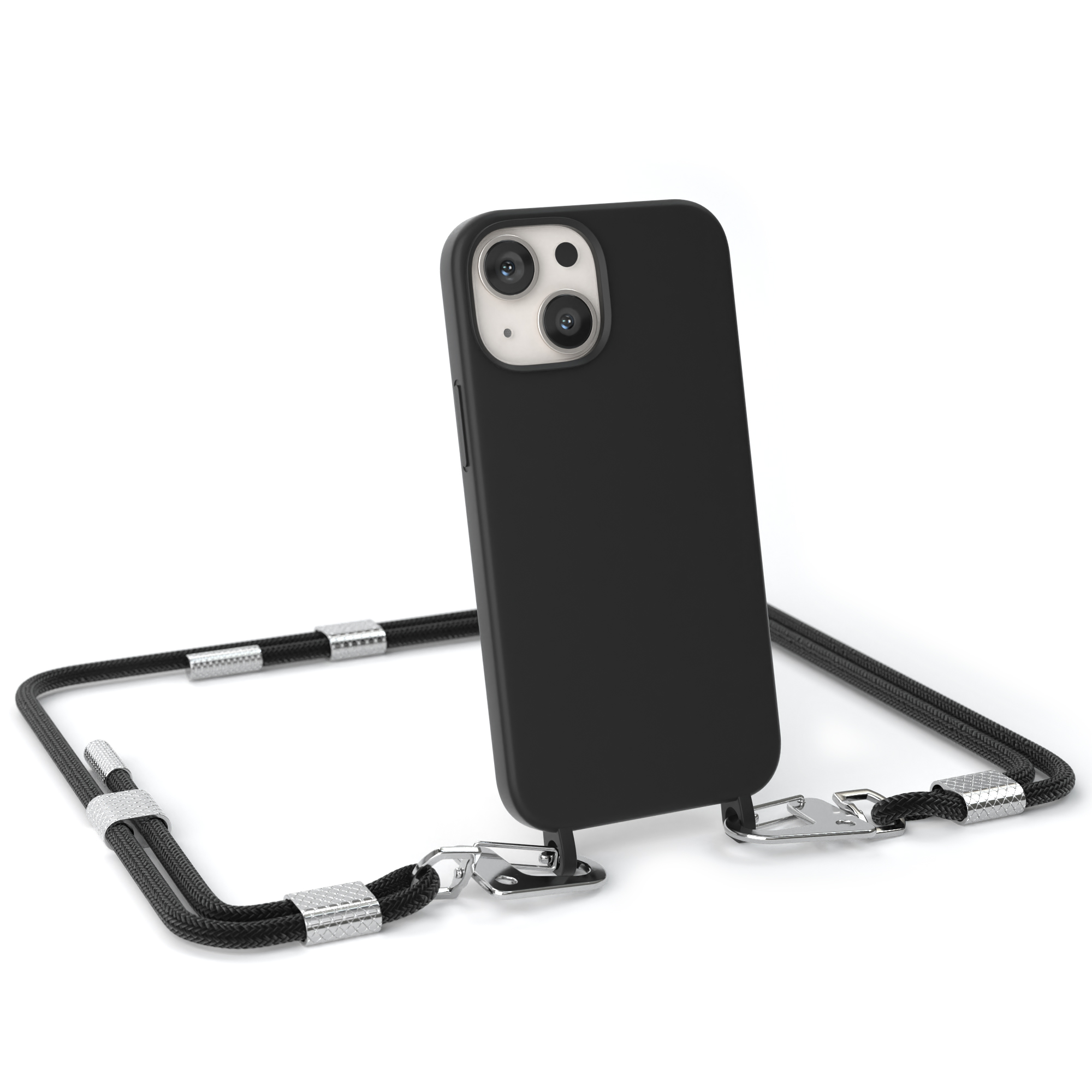 Schwarzes Telefon mit schwarzem und silbernem Seil. Zwei Kameras am Telefon.