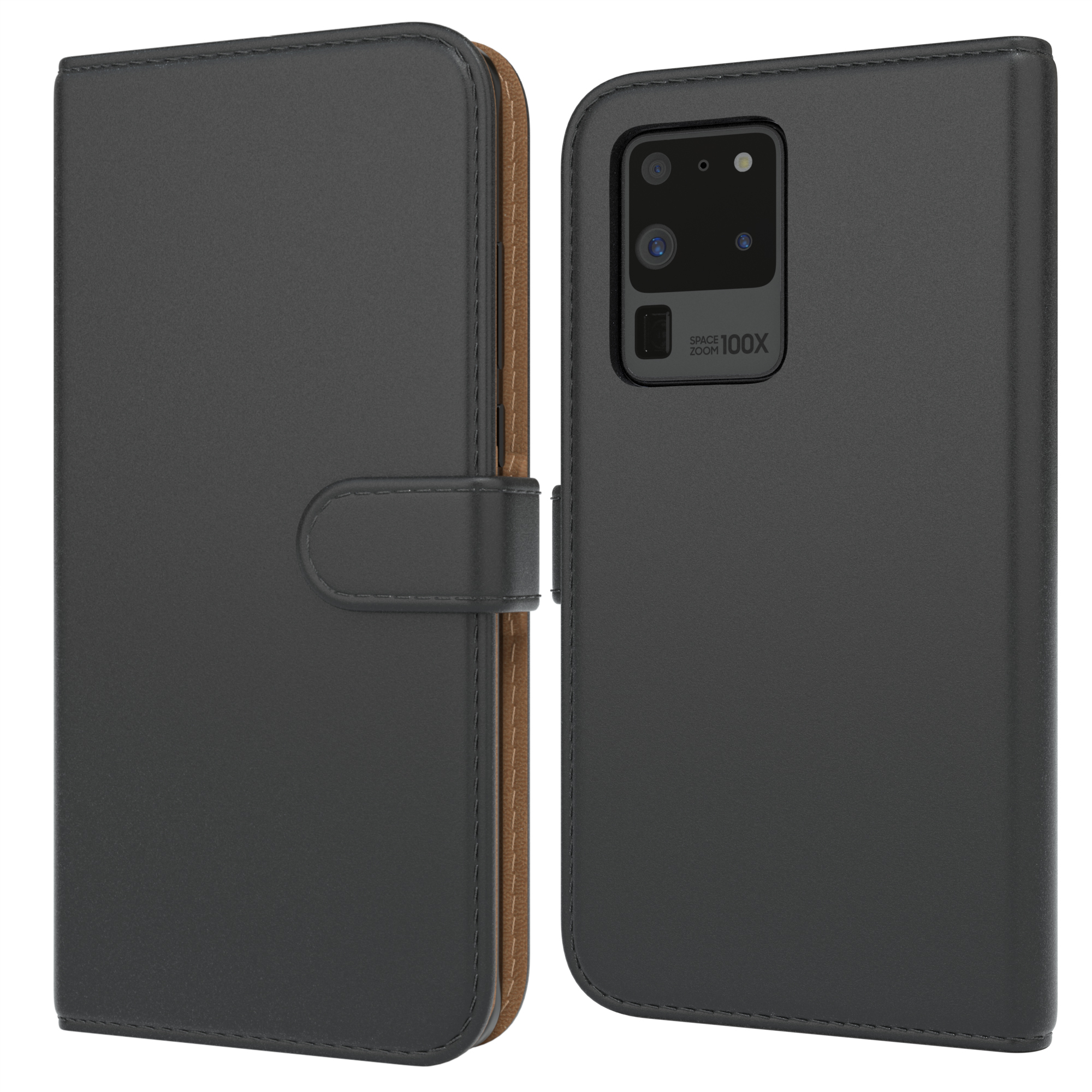 Eine schwarze, offene Handyhülle mit braunem Innenraum, die Rückseite des Telefons zeigend.