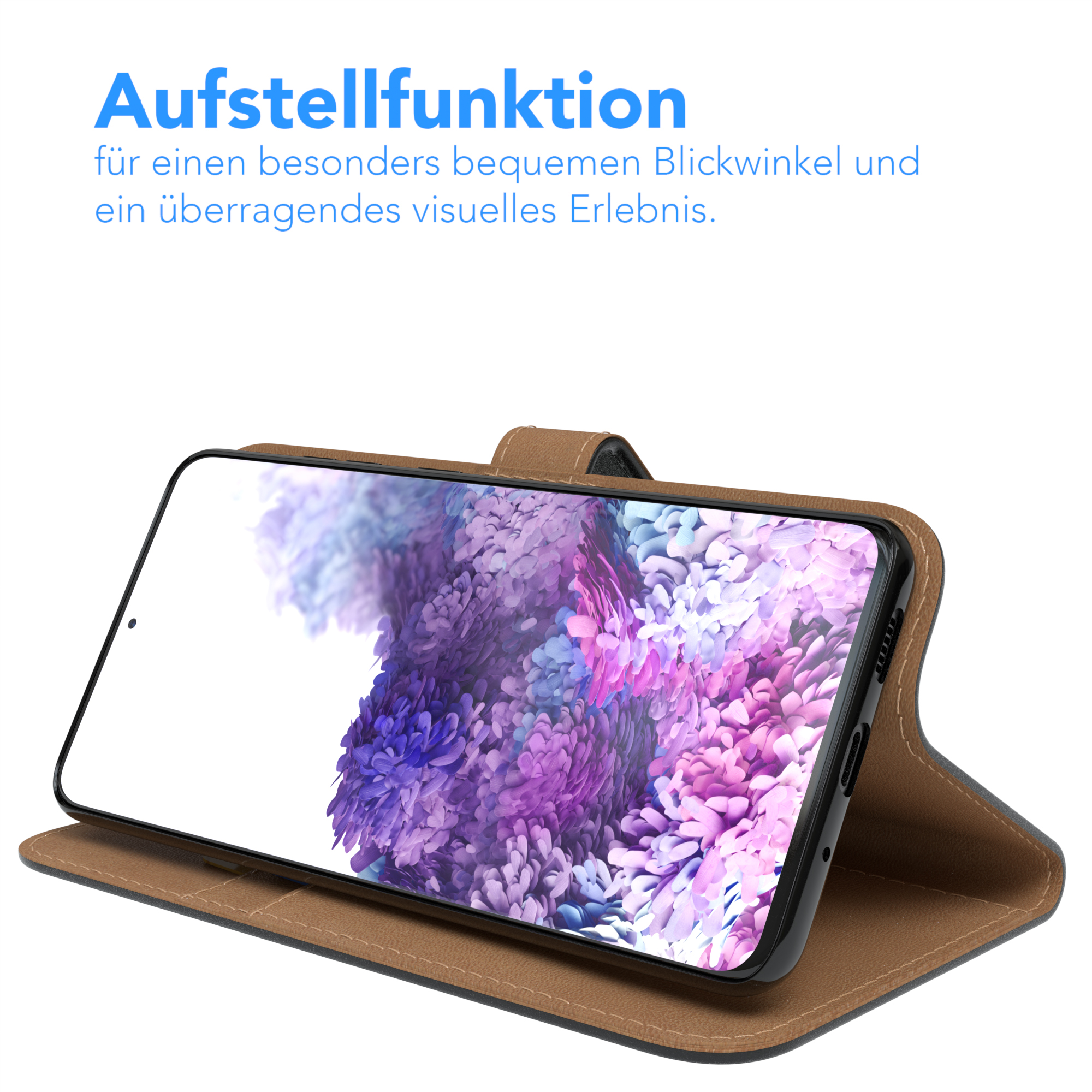 Ein Telefon wird in einer braunen Hülle hochgestellt und zeigt ein farbenfrohes Bild. Text oben beschreibt die Funktion.