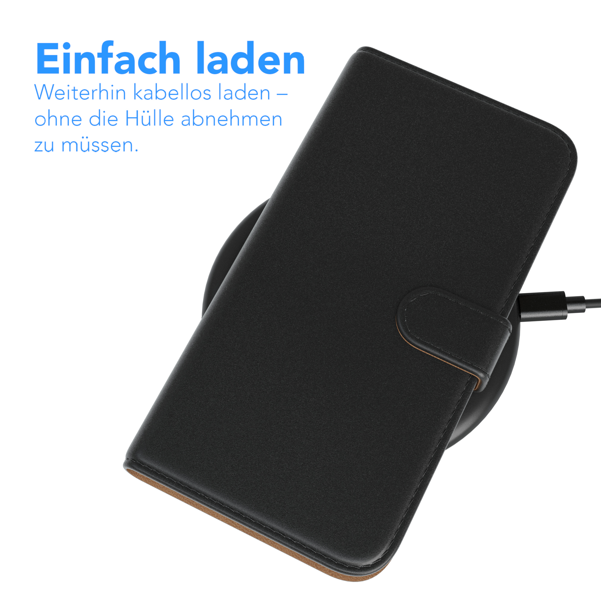 Eine schwarze Handyhülle liegt auf einem kabellosen Ladegerät. Die Hülle ist offen.